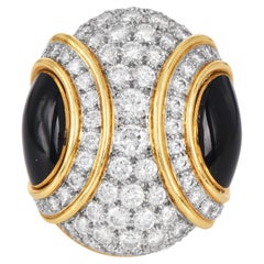 1980s  Platinum 18k Gold Black Jade & Diamond Dome Cocktail Ring
