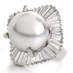 1980s Platinum Baguette Diamond Ballerina Cocktail Pearl Ring