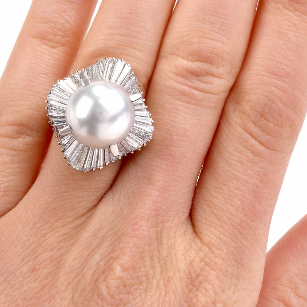 1980s Platinum Baguette Diamond Ballerina Cocktail Pearl Ring In New Condition In Miami, FL