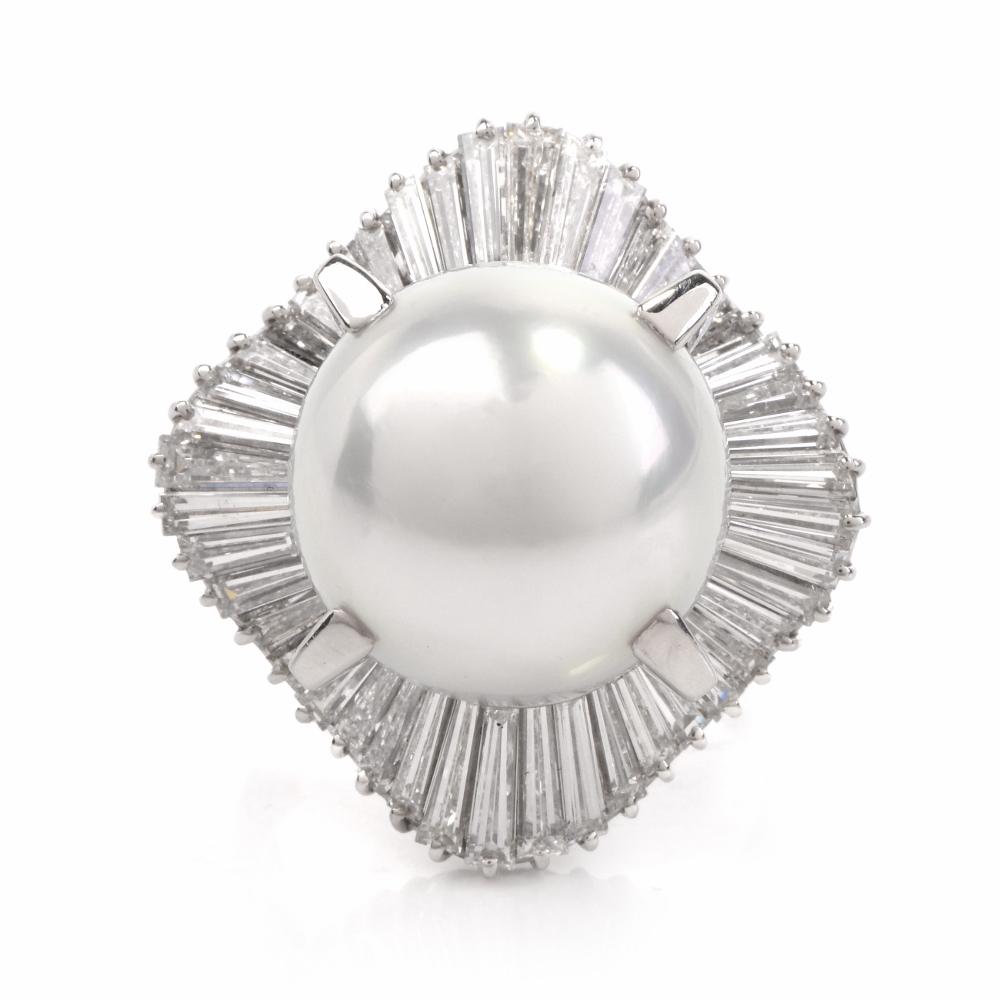 1980s Platinum Baguette Diamond Ballerina Cocktail Pearl Ring 1