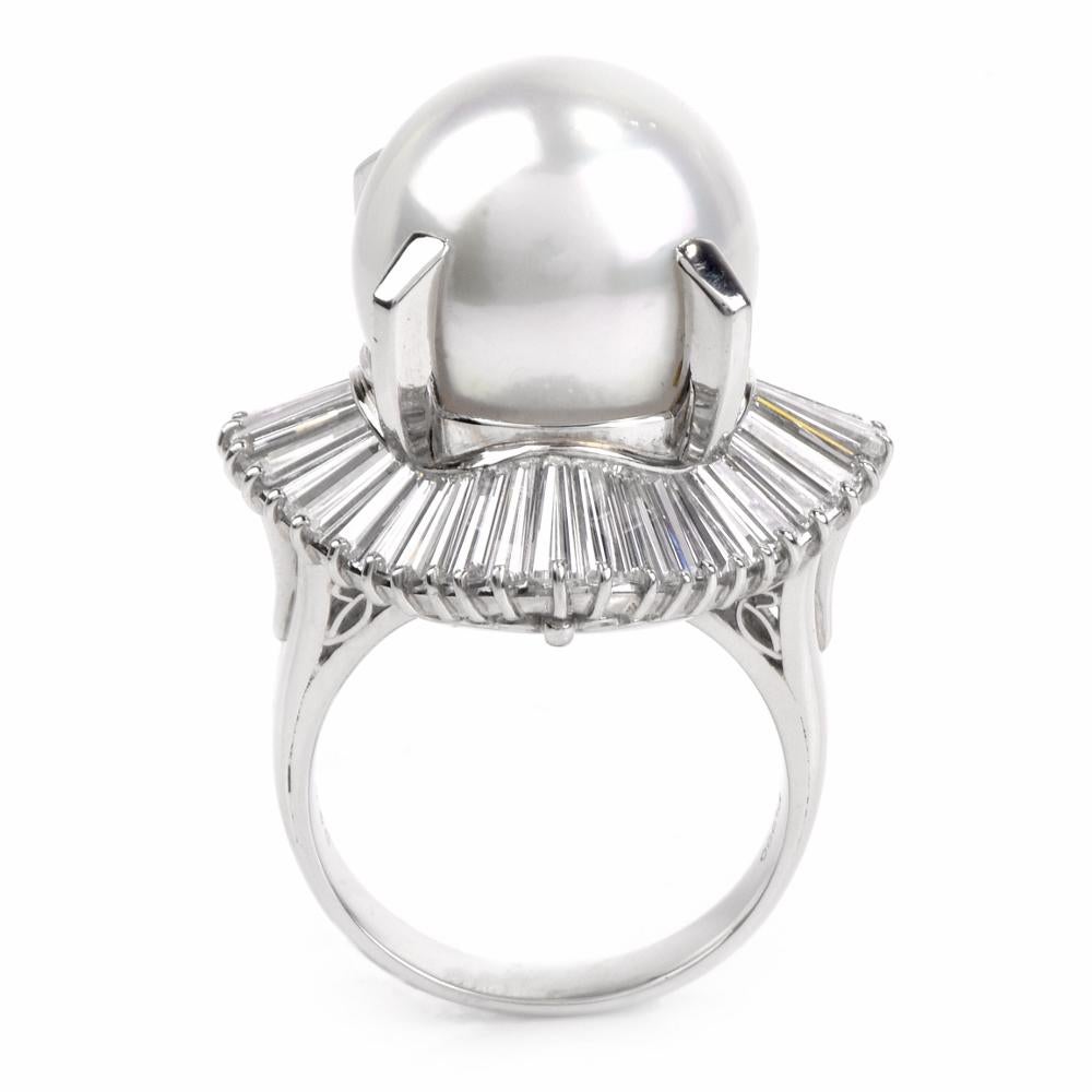 1980s Platinum Baguette Diamond Ballerina Cocktail Pearl Ring 4