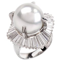 Vintage 1980s Platinum Baguette Diamond Ballerina Cocktail Pearl Ring