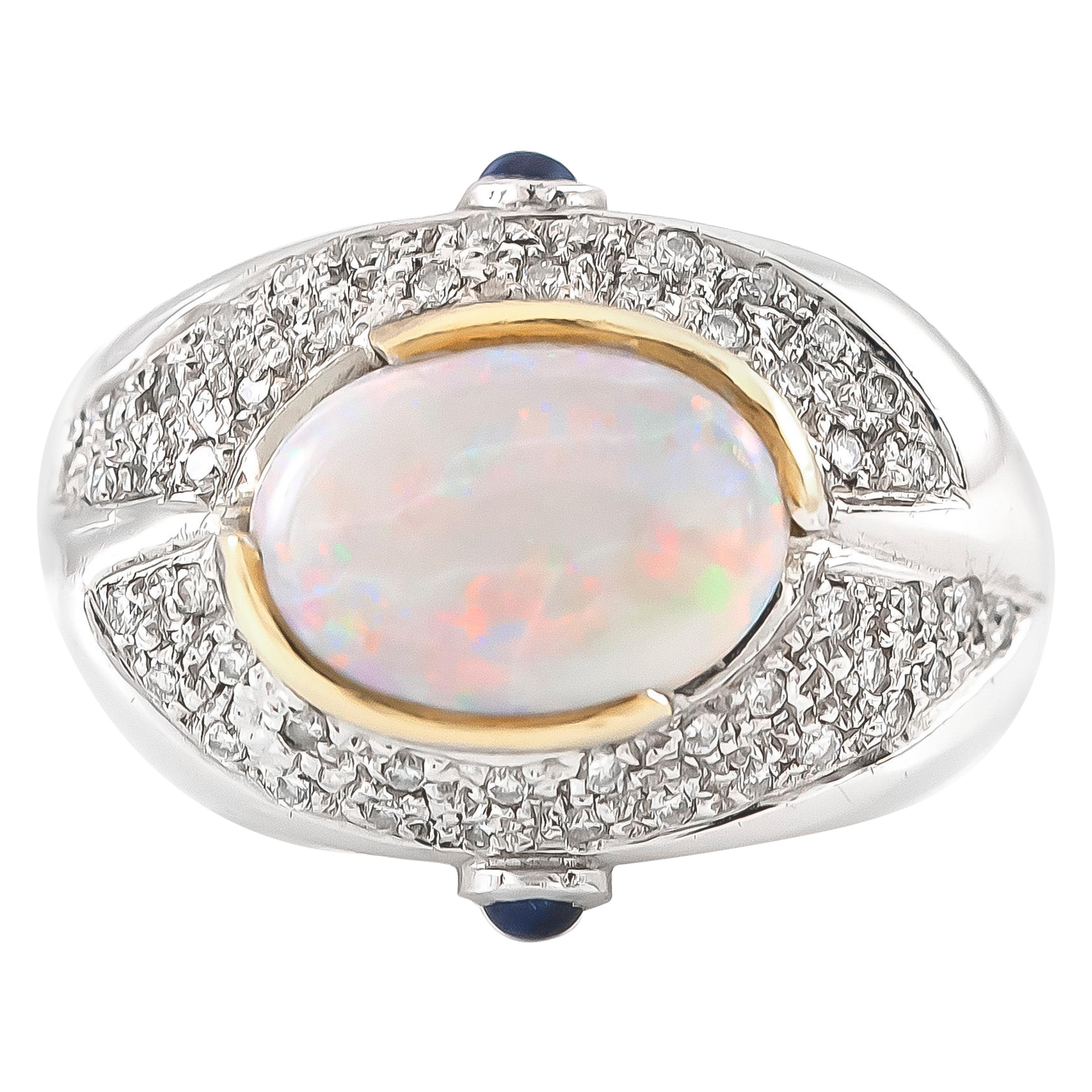 1980s Opal 18KW Ring with Diamond and Sapphire