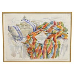 1980er Jahre Polly Kraft „Quilt and Pillow“ Stillleben-Aquarell auf Papier, gerahmt