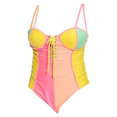 Einteiliger Badeanzug aus Polyester/Lycra in Neon, Rosa &amp;amp; Gelb mit Schnürung vorne XL