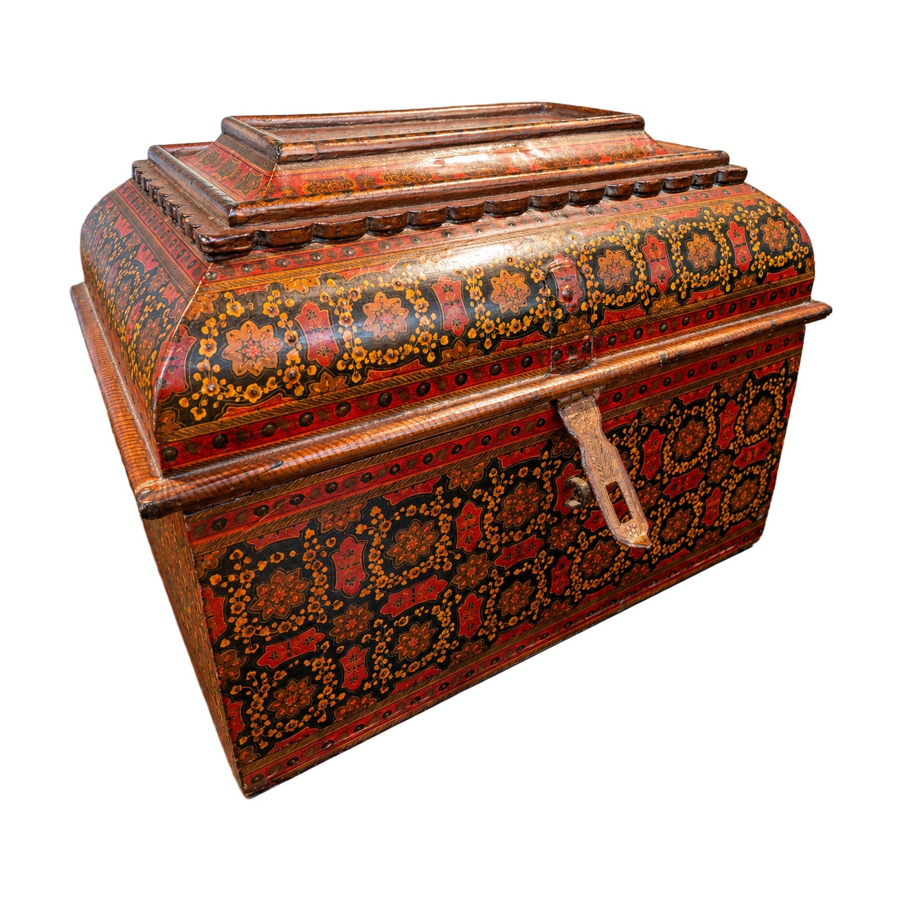 1980s Polychrome Wooden Oriental Chest with Hand-painted Floral Decoration For Sale