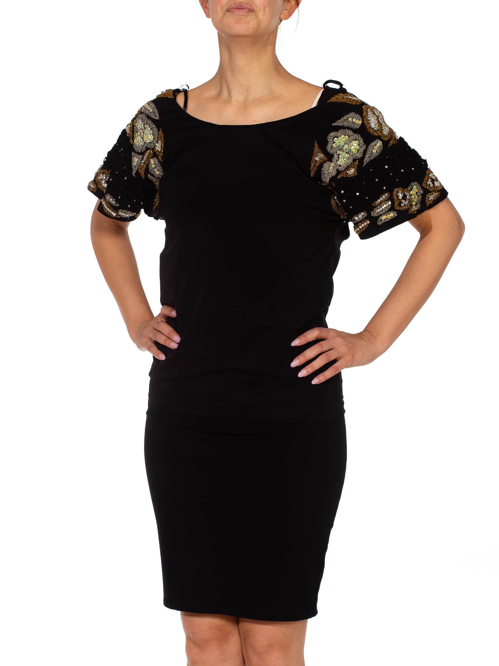 Donna Top anni '80 in crepe di poliestere con perline a mano e maniche smocked con cristalli in vendita