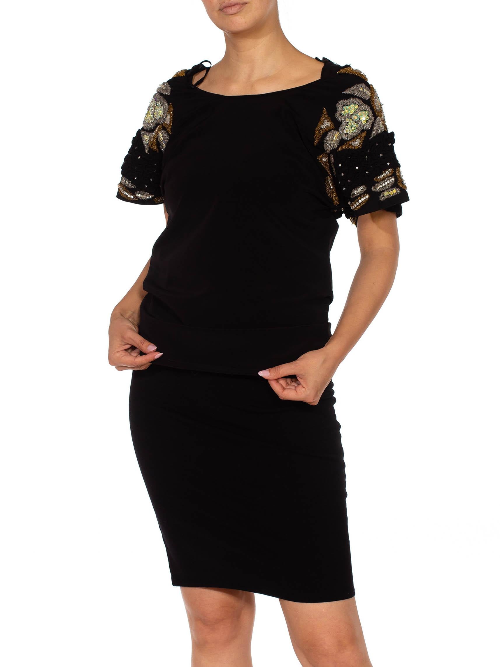 Top anni '80 in crepe di poliestere con perline a mano e maniche smocked con cristalli in vendita 4