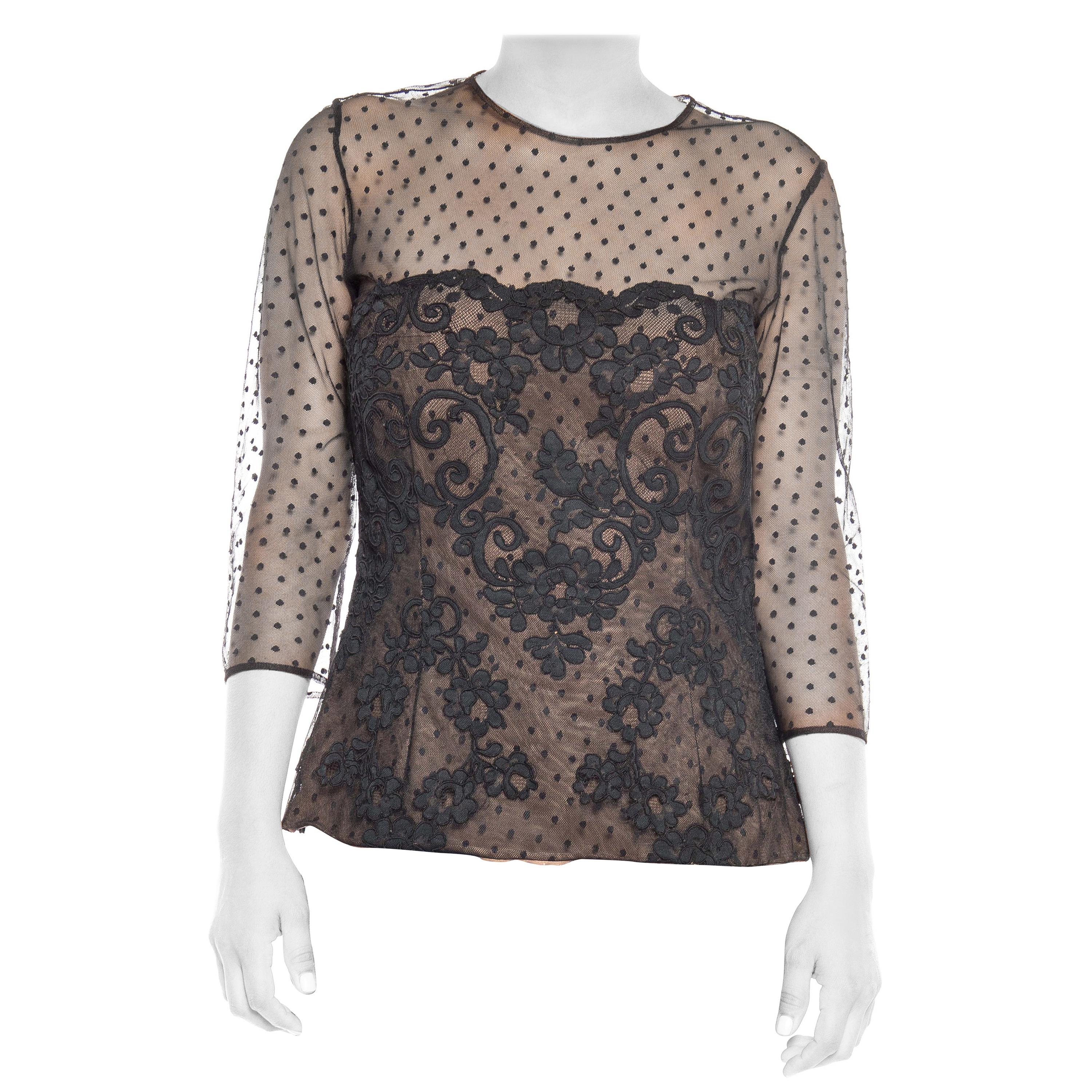 1980S VICTOR COSTA Black Polyester Lace & Net Evening Top For Sale