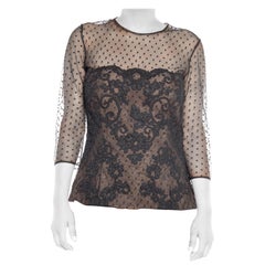 1980S VICTOR COSTA Black Polyester Lace & Net Evening Top