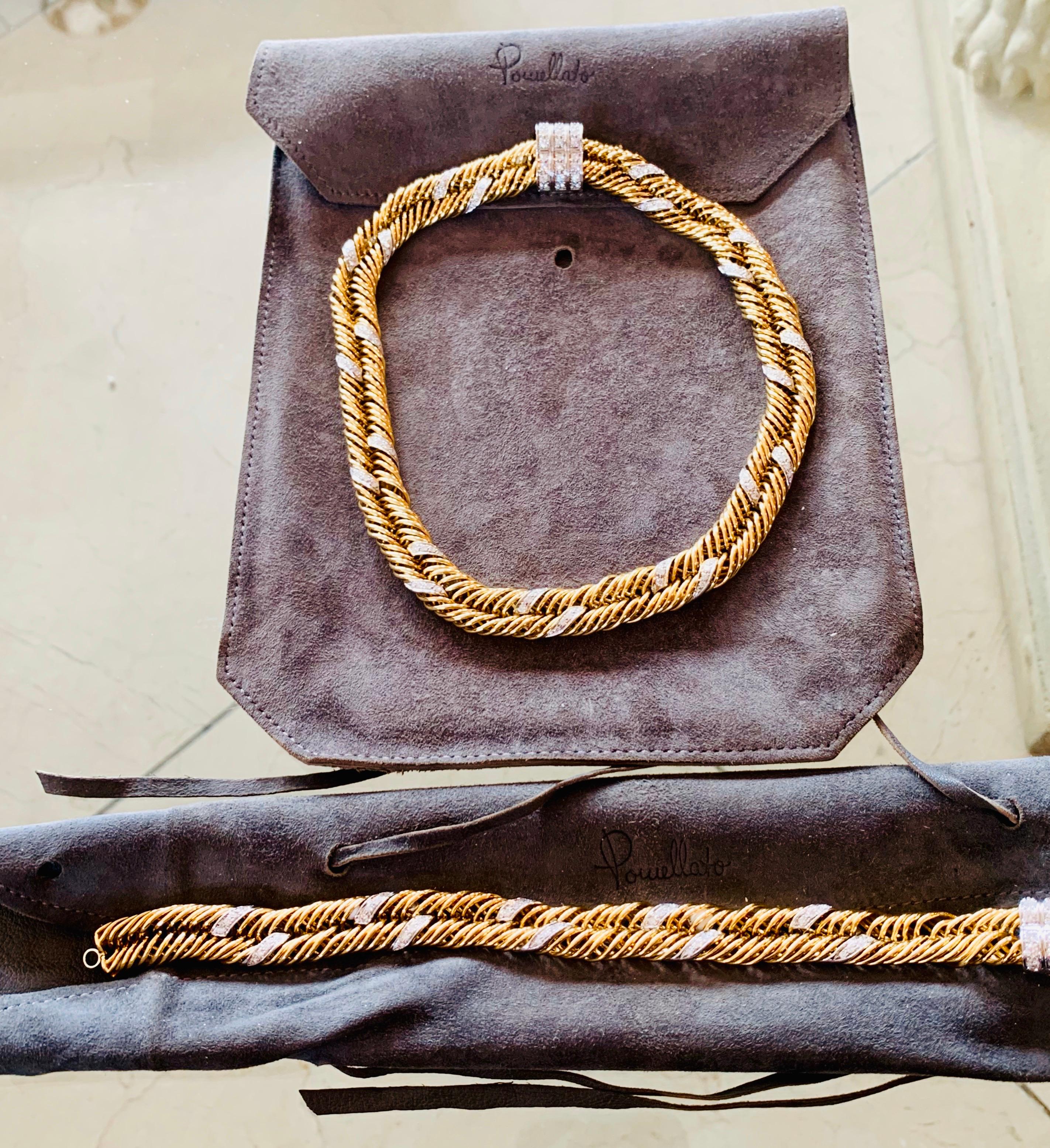 1980`s Pomallato 18 Carat Yellow Gold And 10 Carat White Diamonds G-VS1 Set Of Necklace And Bracelet 