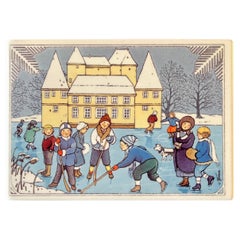 Cartolina in porcellana degli anni '80 di Karin Blume, Scena d'inverno vintage, Villeroy & Boch