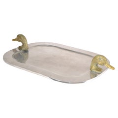 1980s Post Modern Arthur Court Style Pewter Serving Tray Brass Duck Head Handles