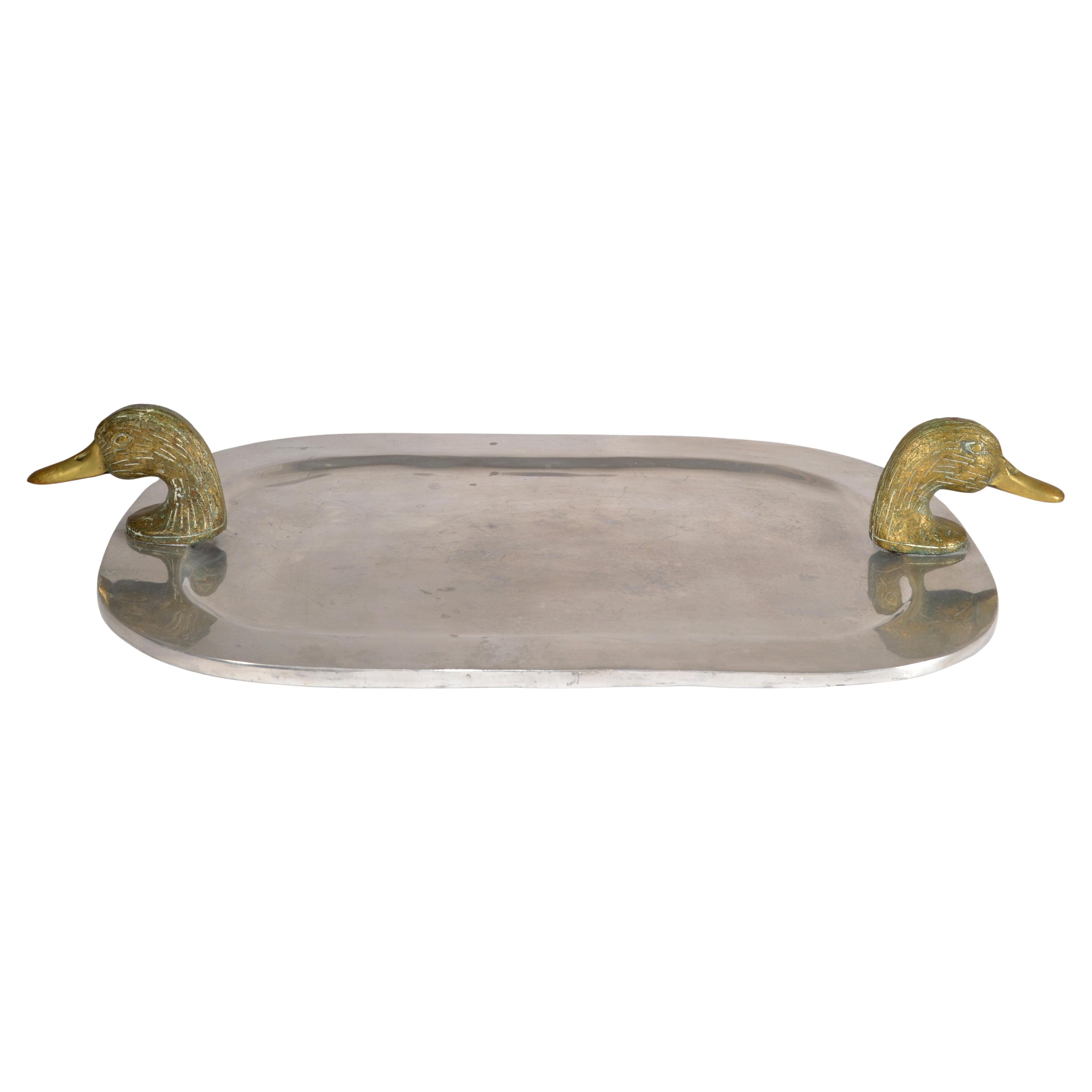 1980s Post Modern Arthur Court Style Pewter Serving Tray Brass Duck Head Handles