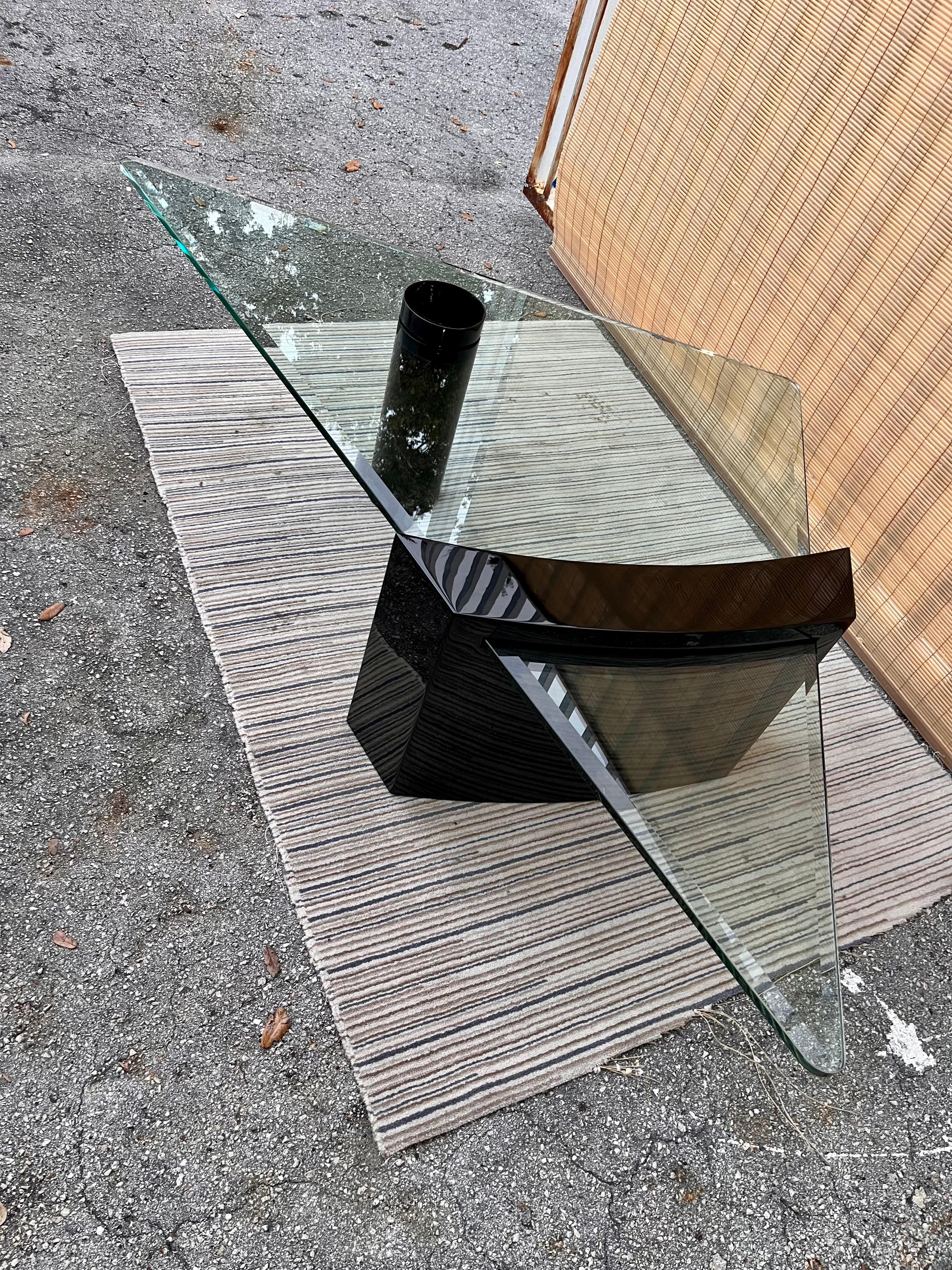 Beveled 1980s, Post Modern Black Lacquer Coffee Table in the Roger Rougier Style For Sale