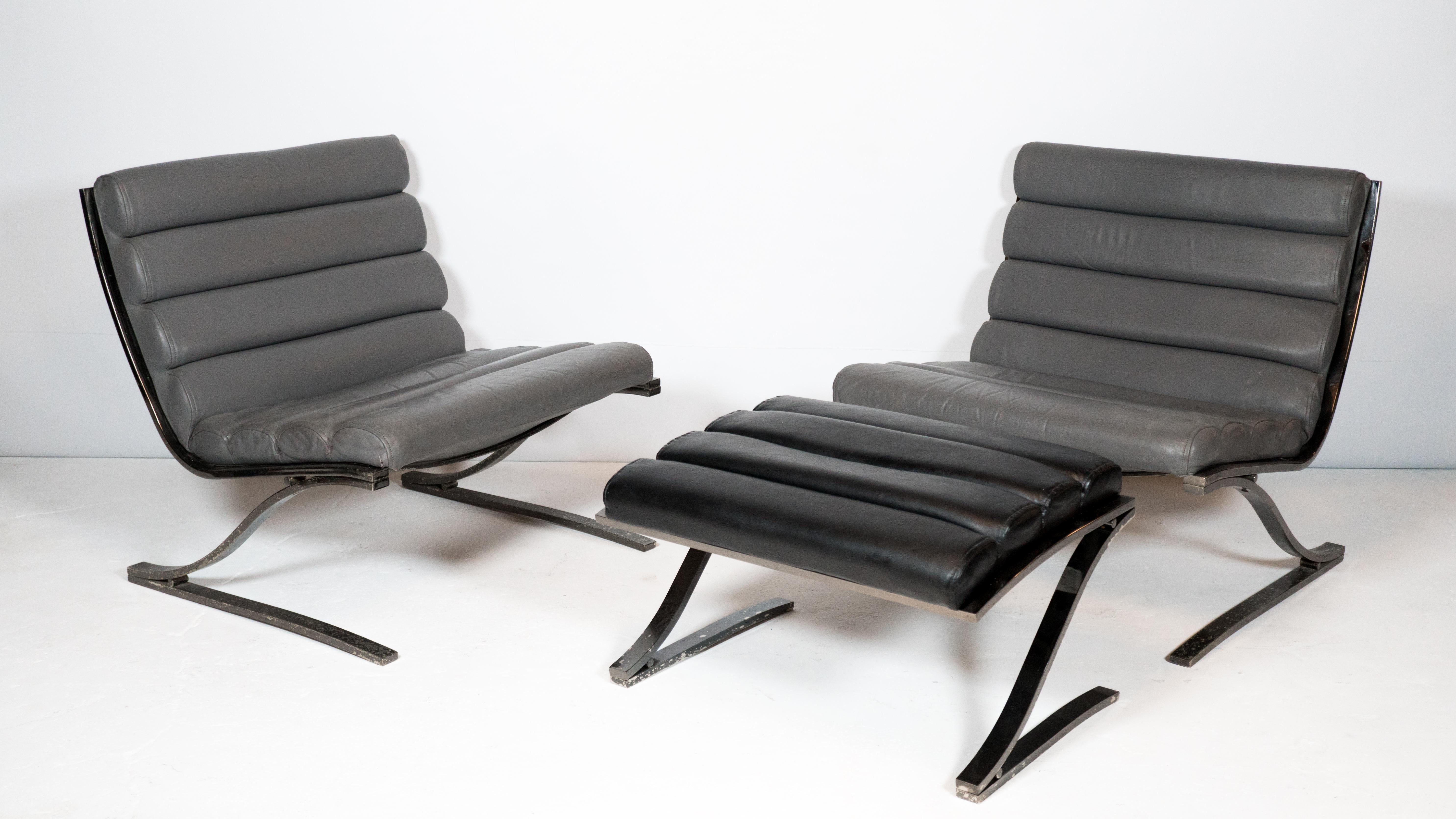 American 1980s Post Modern Design Institute of America Chrome Lounge Chairs & Ottoman  For Sale