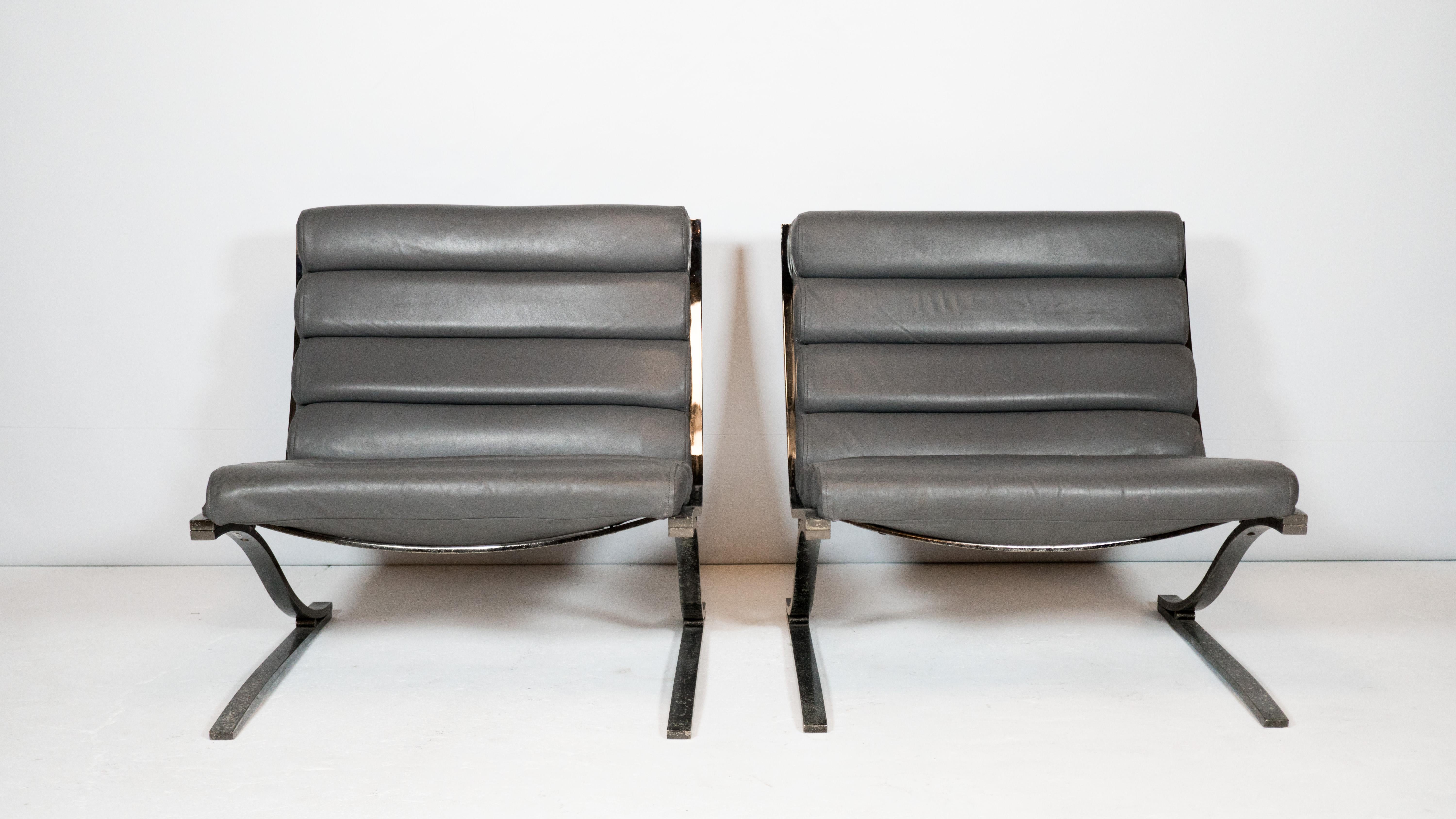 1980s Post Modern Design Institute of America Chrome Lounge Chairs & Ottoman  In Good Condition For Sale In Boston, MA