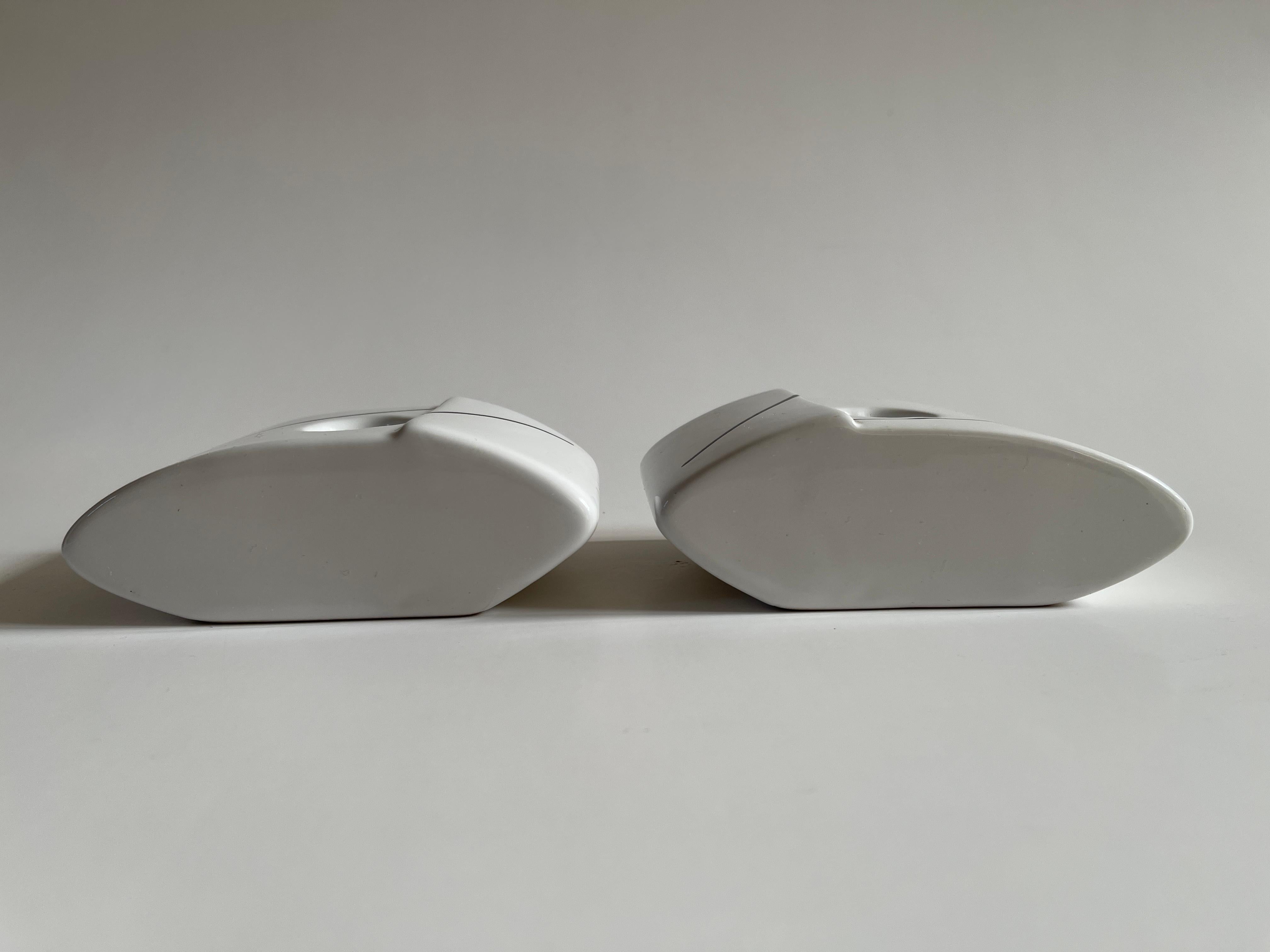 Portuguese 1980's Post Modern Design White Ceramic Candle Holder Pair For Sale