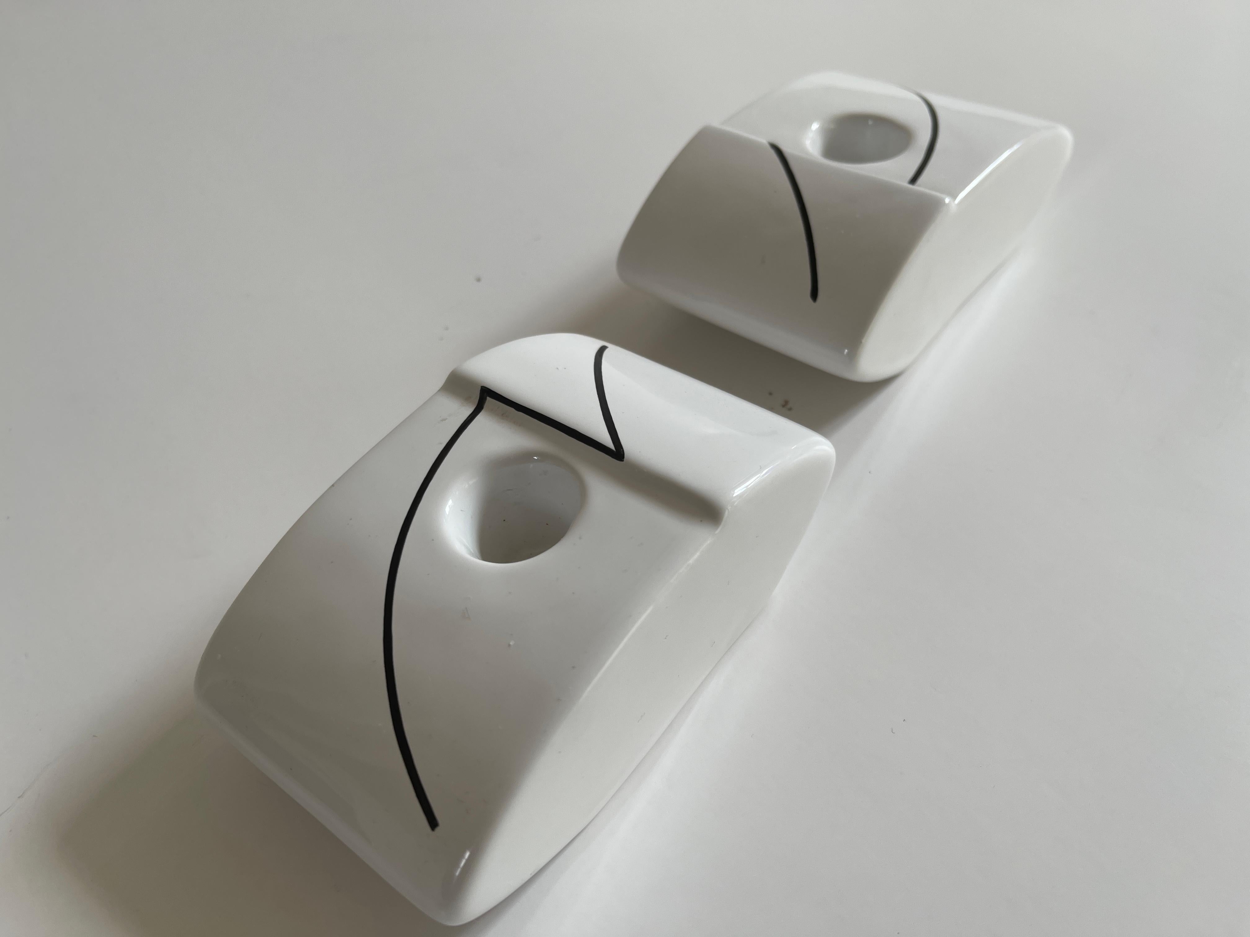 1980's Post Modern Design White Ceramic Candle Holder Pair For Sale 1