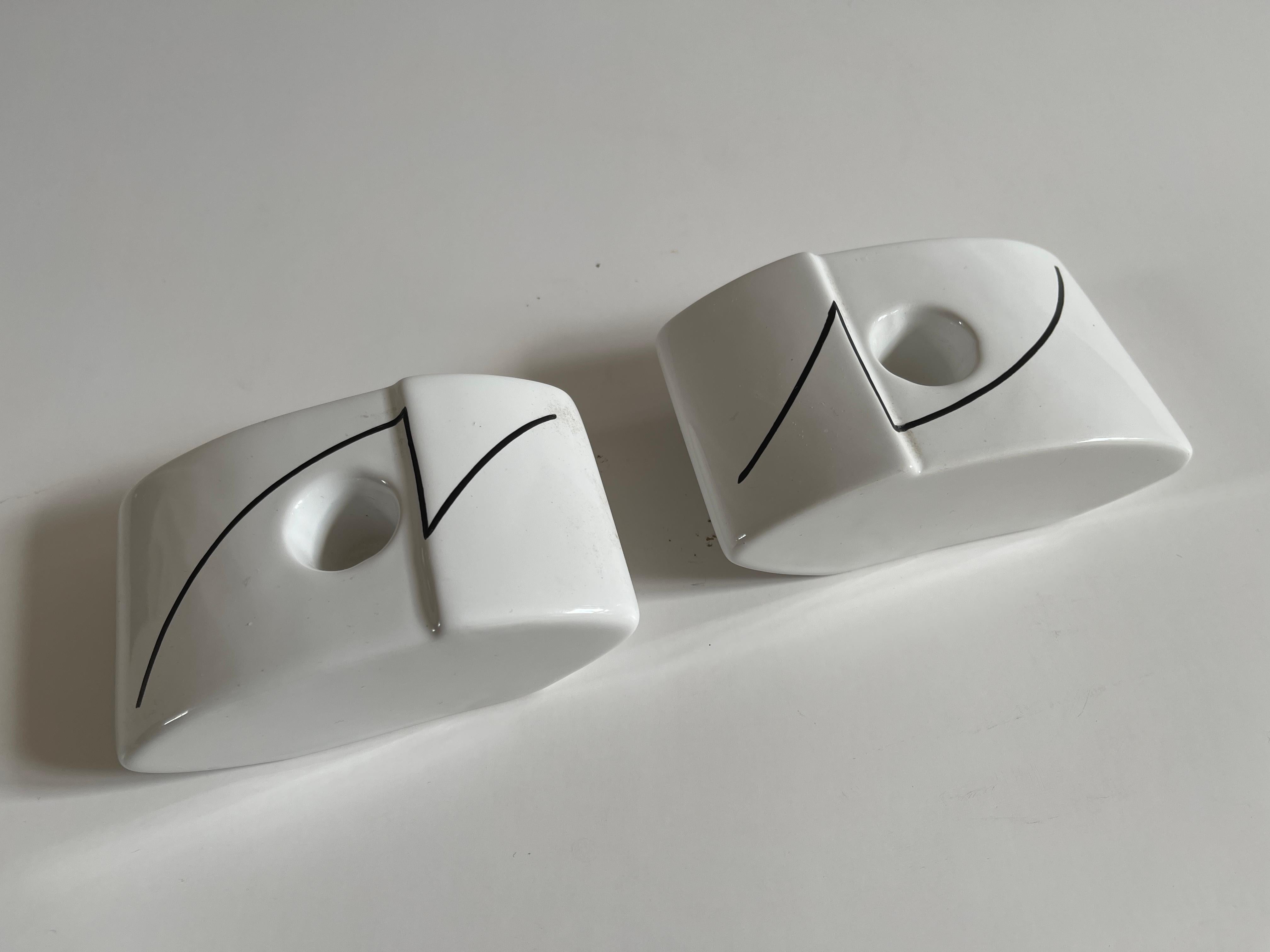 1980's Post Modern Design White Ceramic Candle Holder Pair For Sale 2