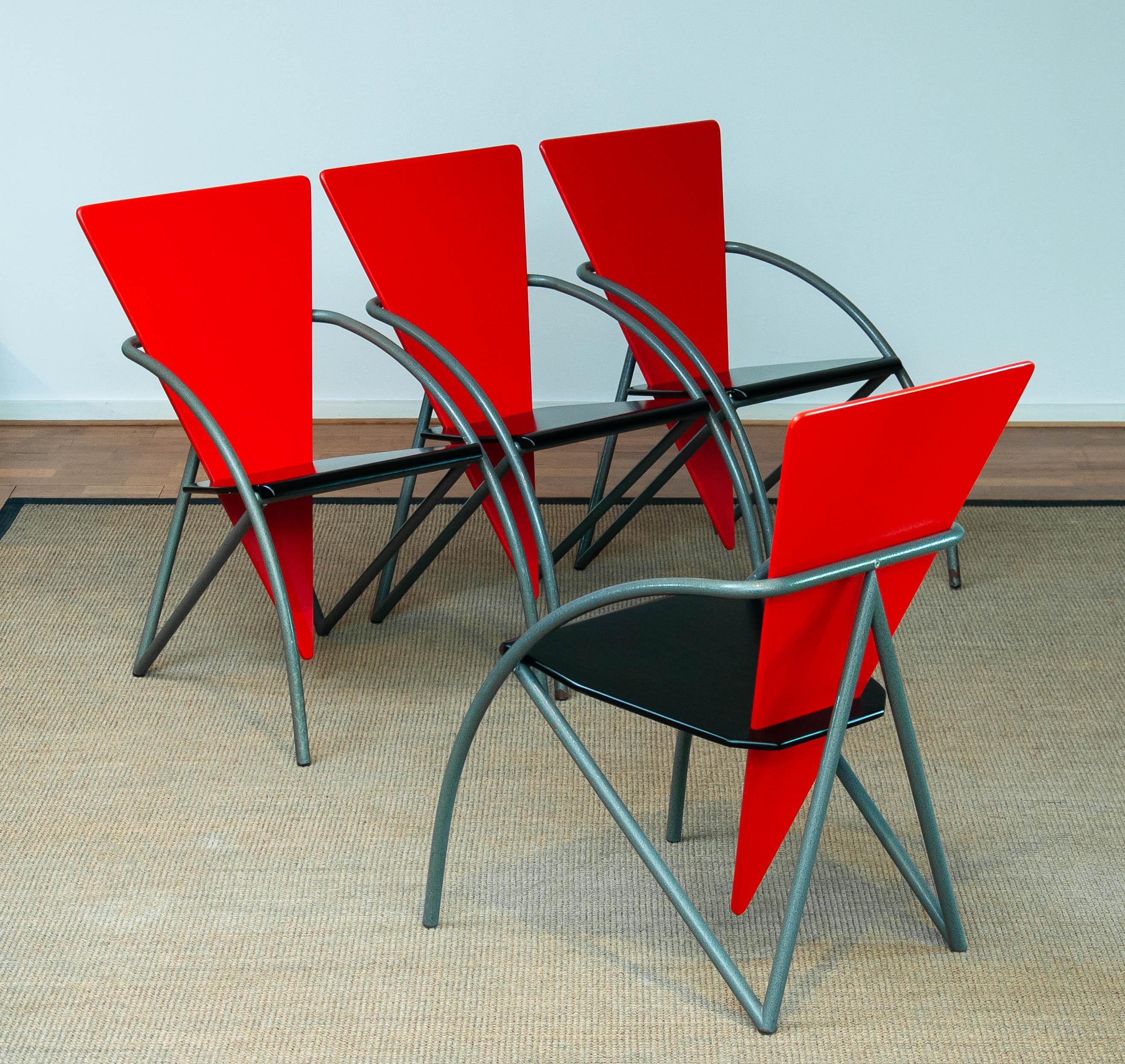 Late 20th Century 1980's Post-Modern Dining / Office Chairs in Red and Black by Klaus Wettergren For Sale