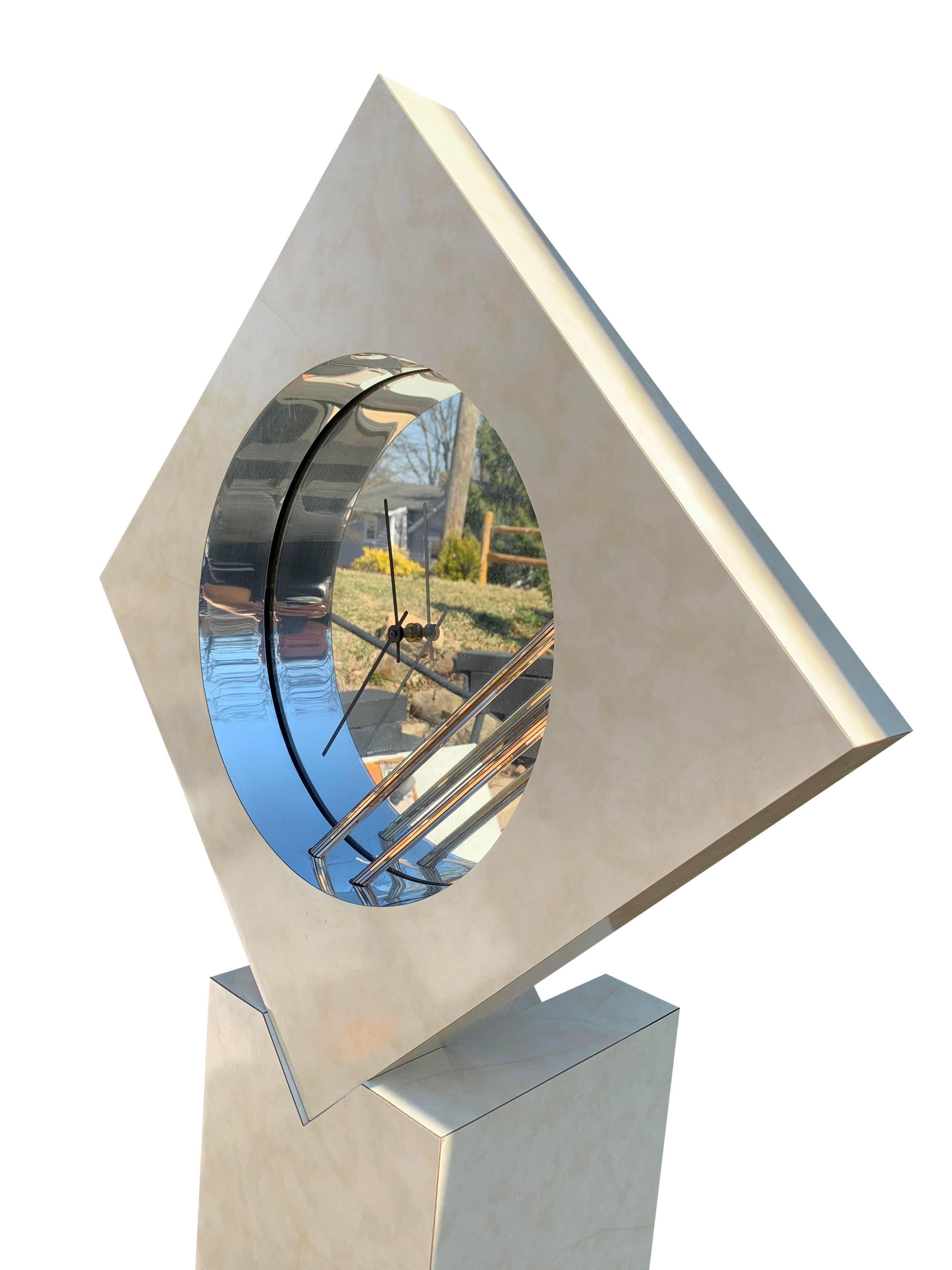 1980's Post Modern Floor Clock Abstract Form Floating on Pedestal 2