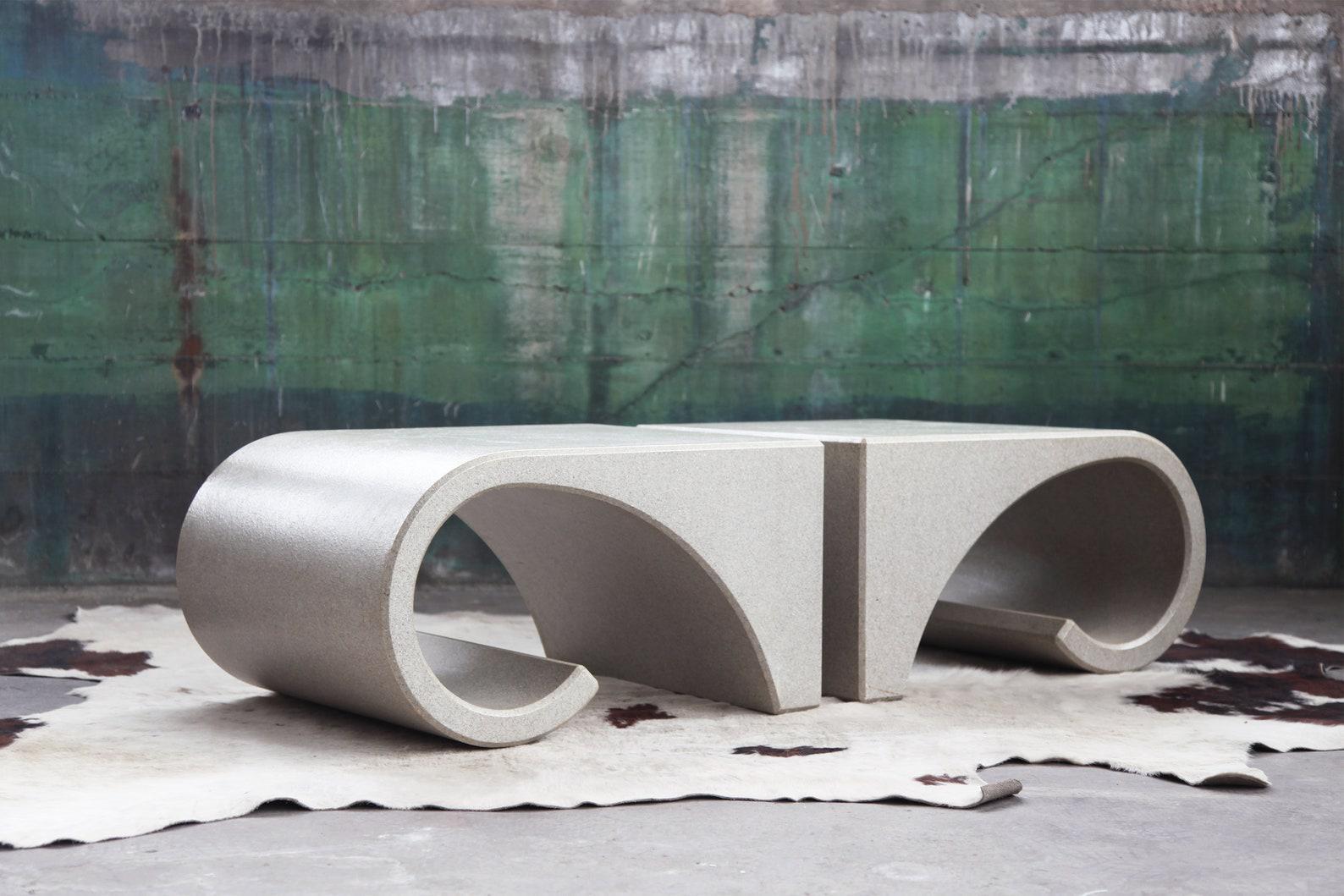 For sale here is an extremely fun and Substantial pair of sculptural scroll end tables. Post Modern Designer's dream!

Priced here for the PAIR.

This set of minimalist, post modern, geometric Miami Regency 1980's coffee / cocktail tables are in