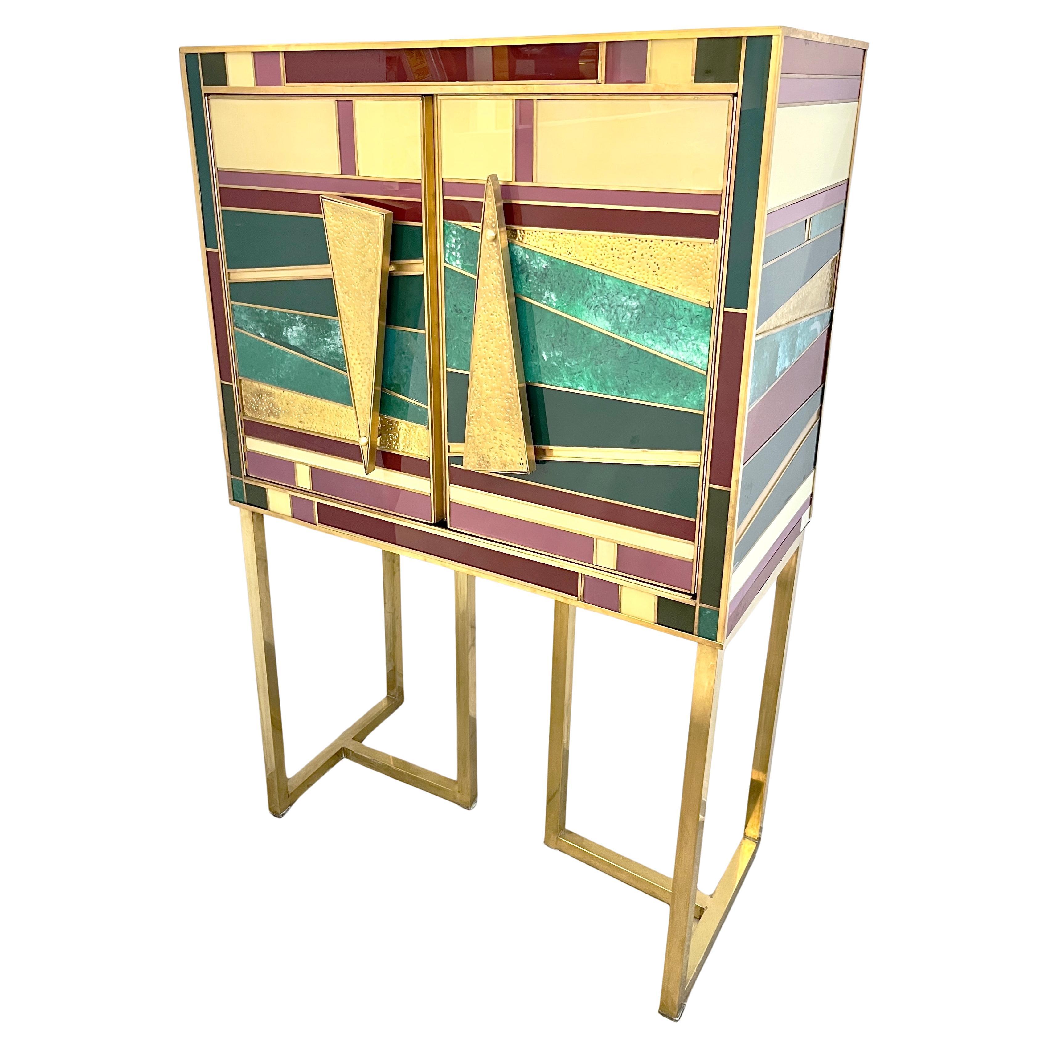 1980s Post Modern Italian Cream Emerald Green Wine Gold Glass Cabinets Dry Bars For Sale