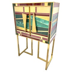 1980s Post Modern Italian Cream Emerald Green Wine Gold Glass Cabinets Dry Bars
