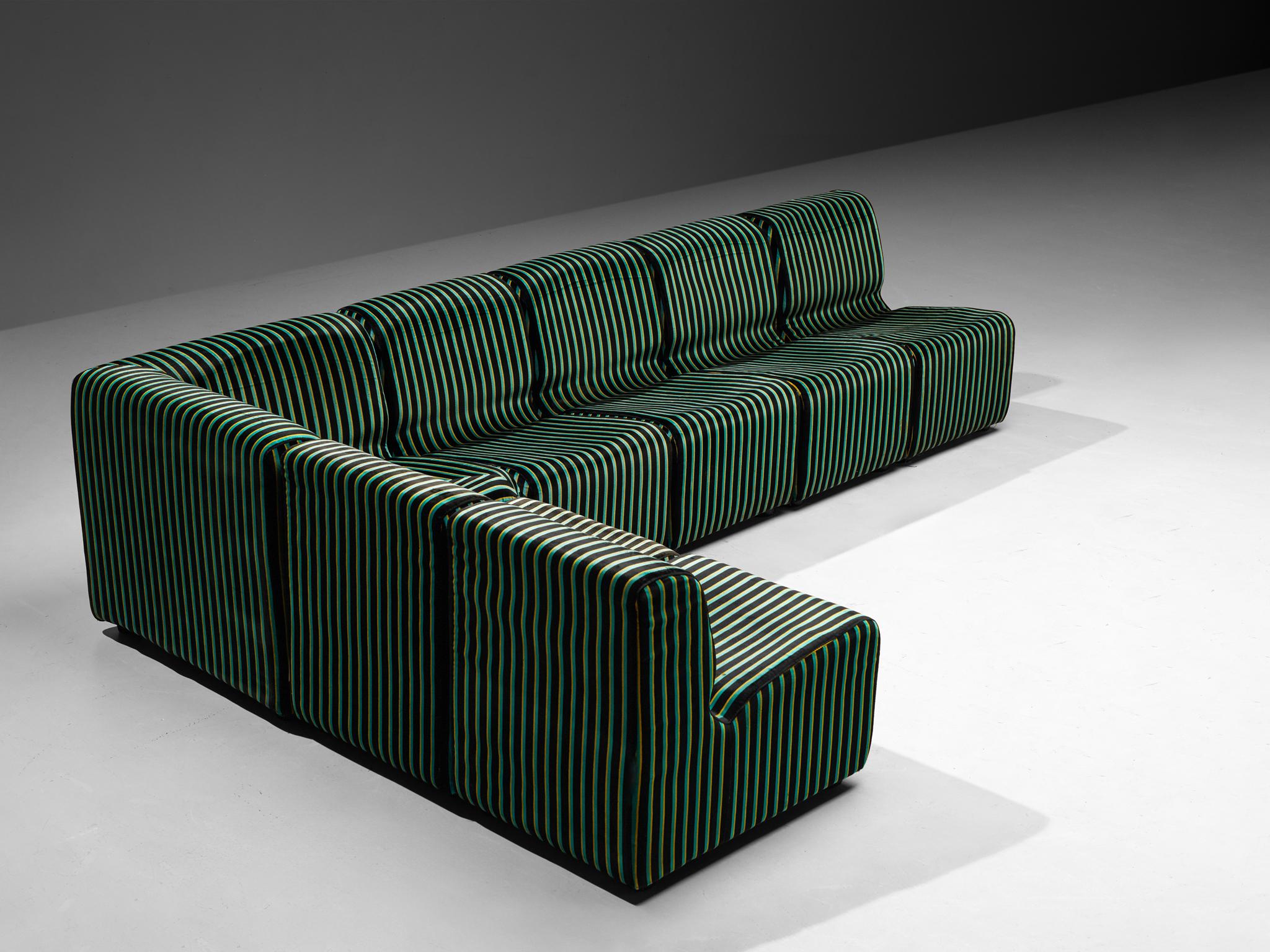 1980s Post-Modern Italian Sectional Sofa Green Yellow Black Striped Velvet 5