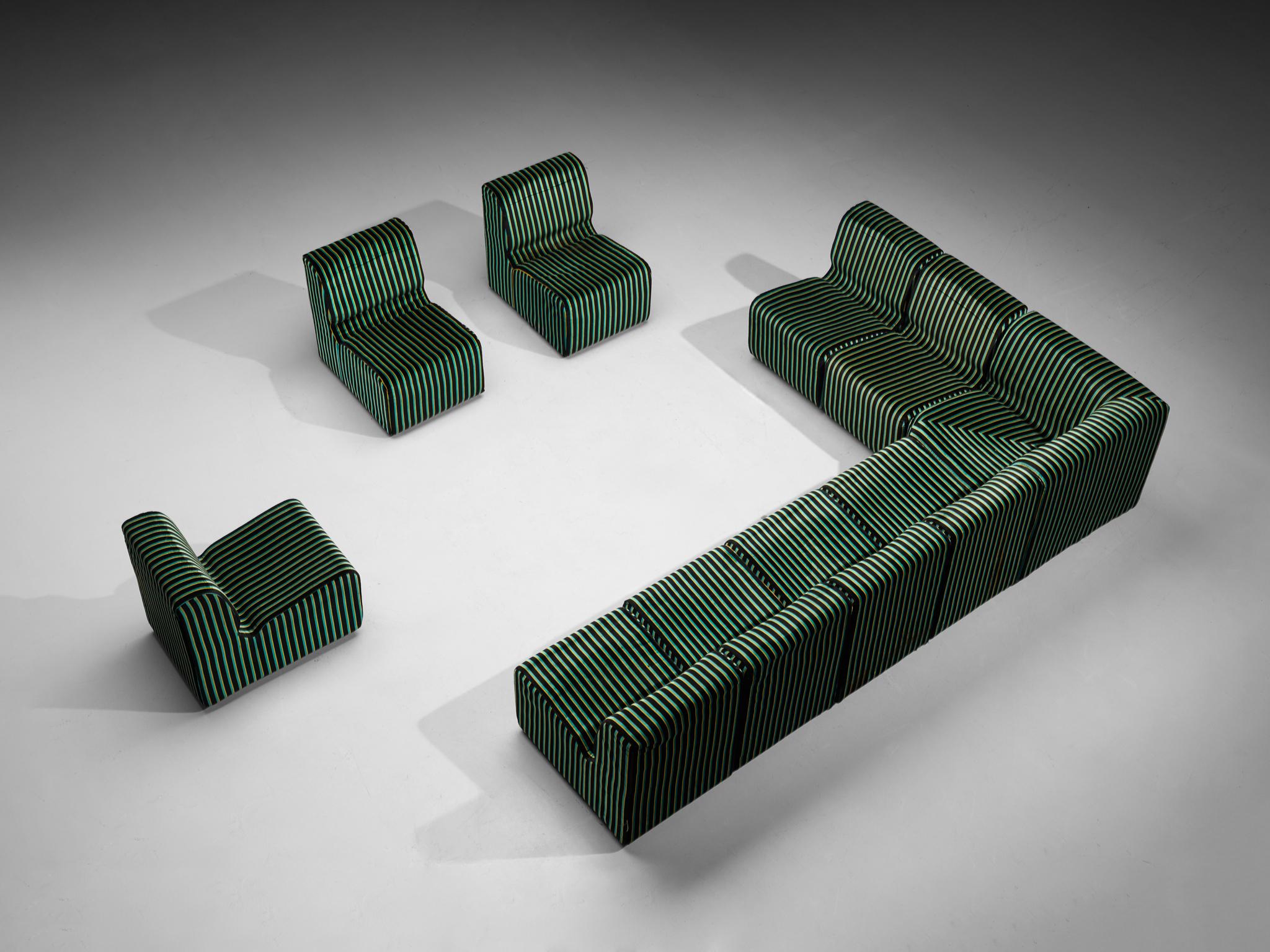 1980s Post-Modern Italian Sectional Sofa Green Yellow Black Striped Velvet 6