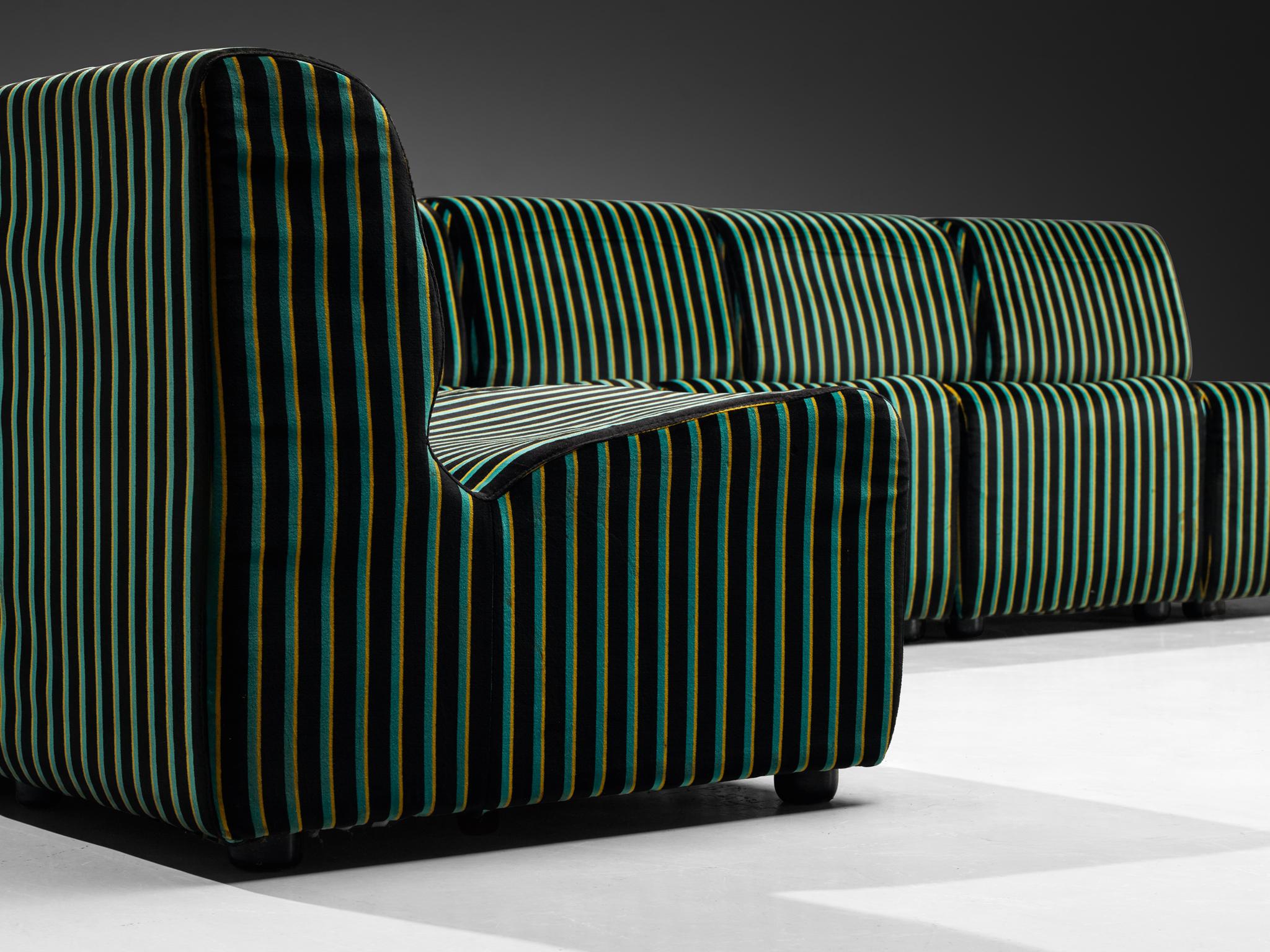 1980s Post-Modern Italian Sectional Sofa Green Yellow Black Striped Velvet In Good Condition In Waalwijk, NL