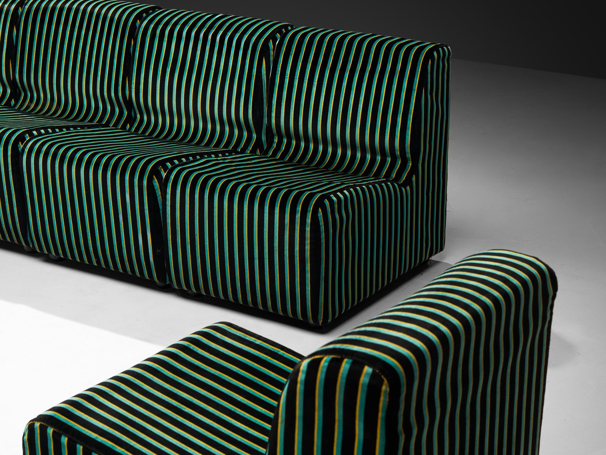 1980s Post-Modern Italian Sectional Sofa Green Yellow Black Striped Velvet In Good Condition In Waalwijk, NL