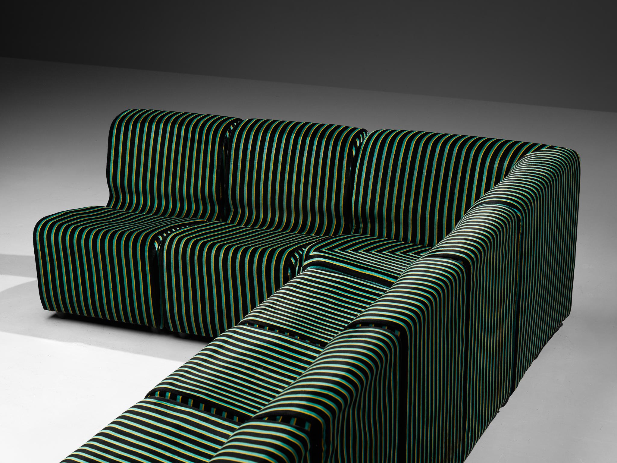 Late 20th Century 1980s Post-Modern Italian Sectional Sofa Green Yellow Black Striped Velvet