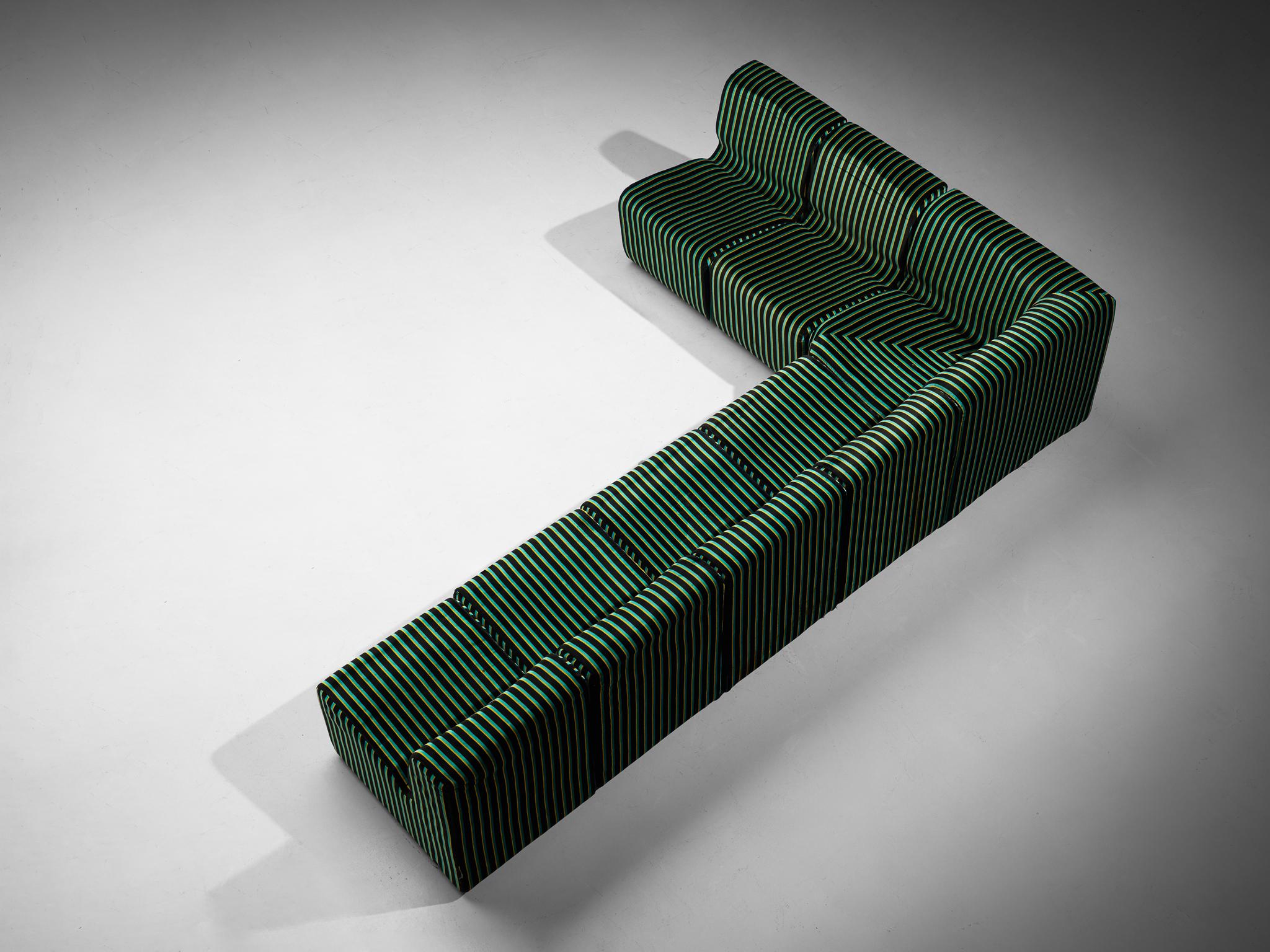 Fabric 1980s Post-Modern Italian Sectional Sofa Green Yellow Black Striped Velvet