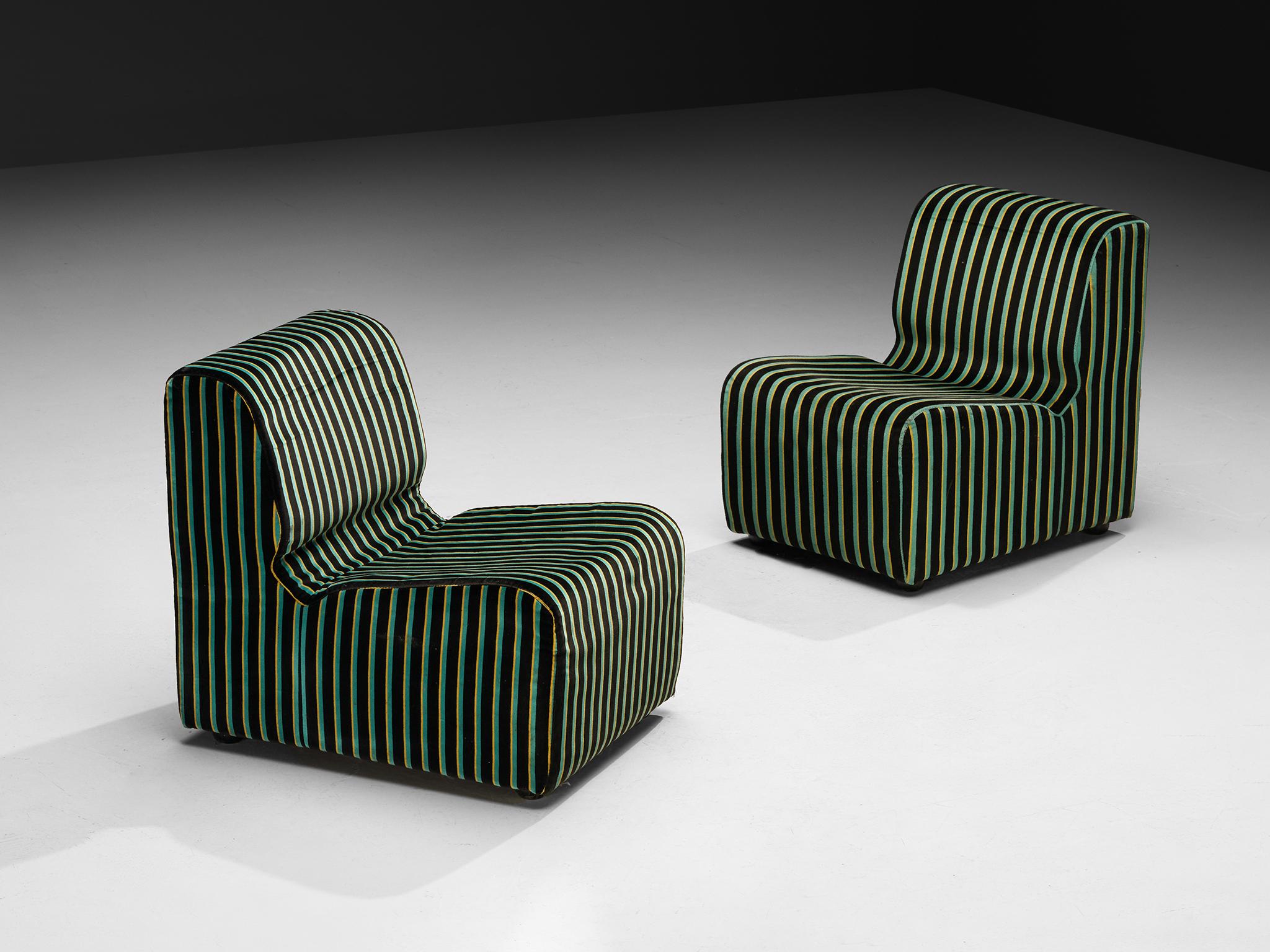 Fabric 1980s Post-Modern Italian Sectional Sofa Green Yellow Black Striped Velvet For Sale