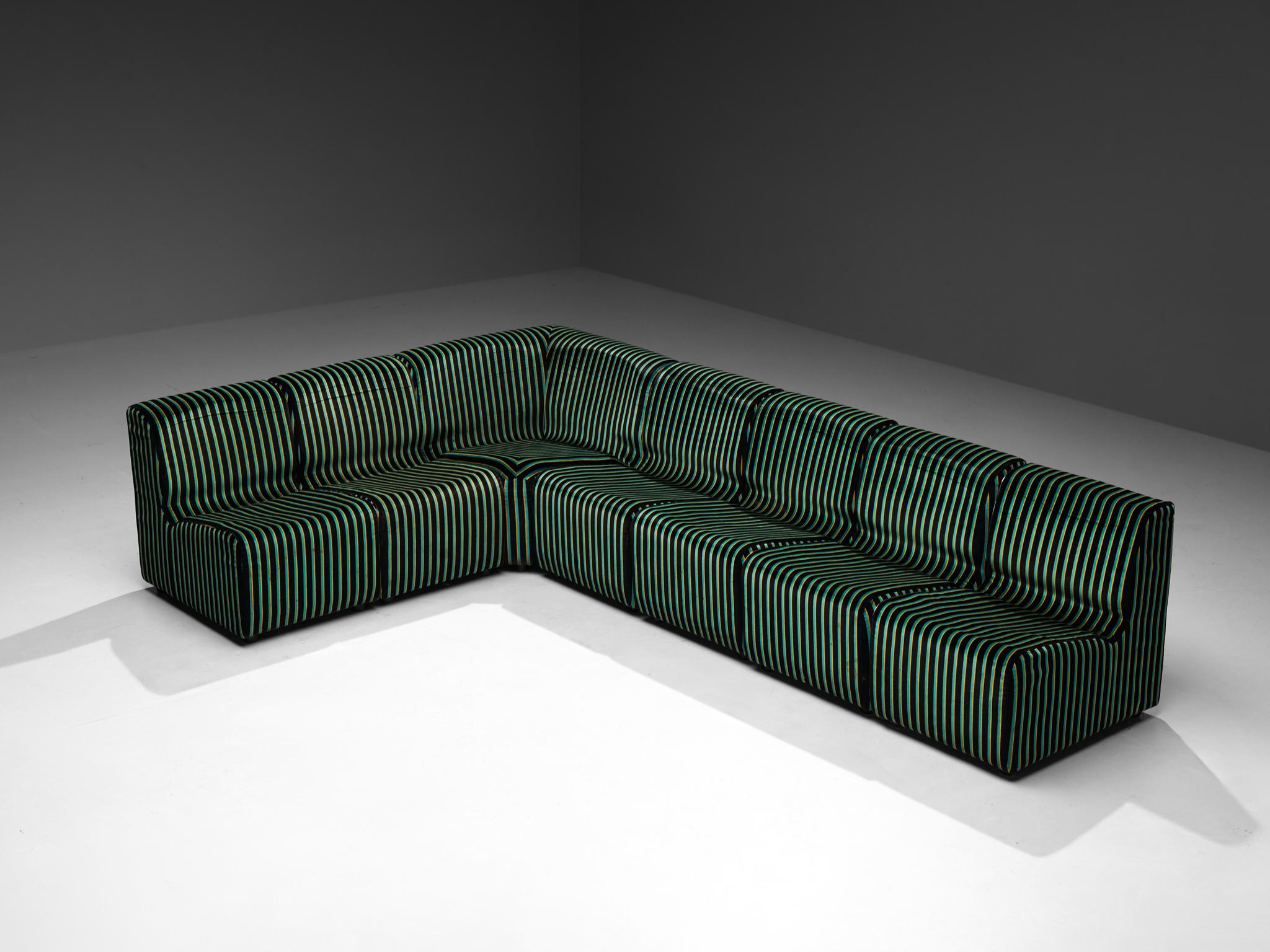1980s Post-Modern Italian Sectional Sofa Green Yellow Black Striped Velvet 1