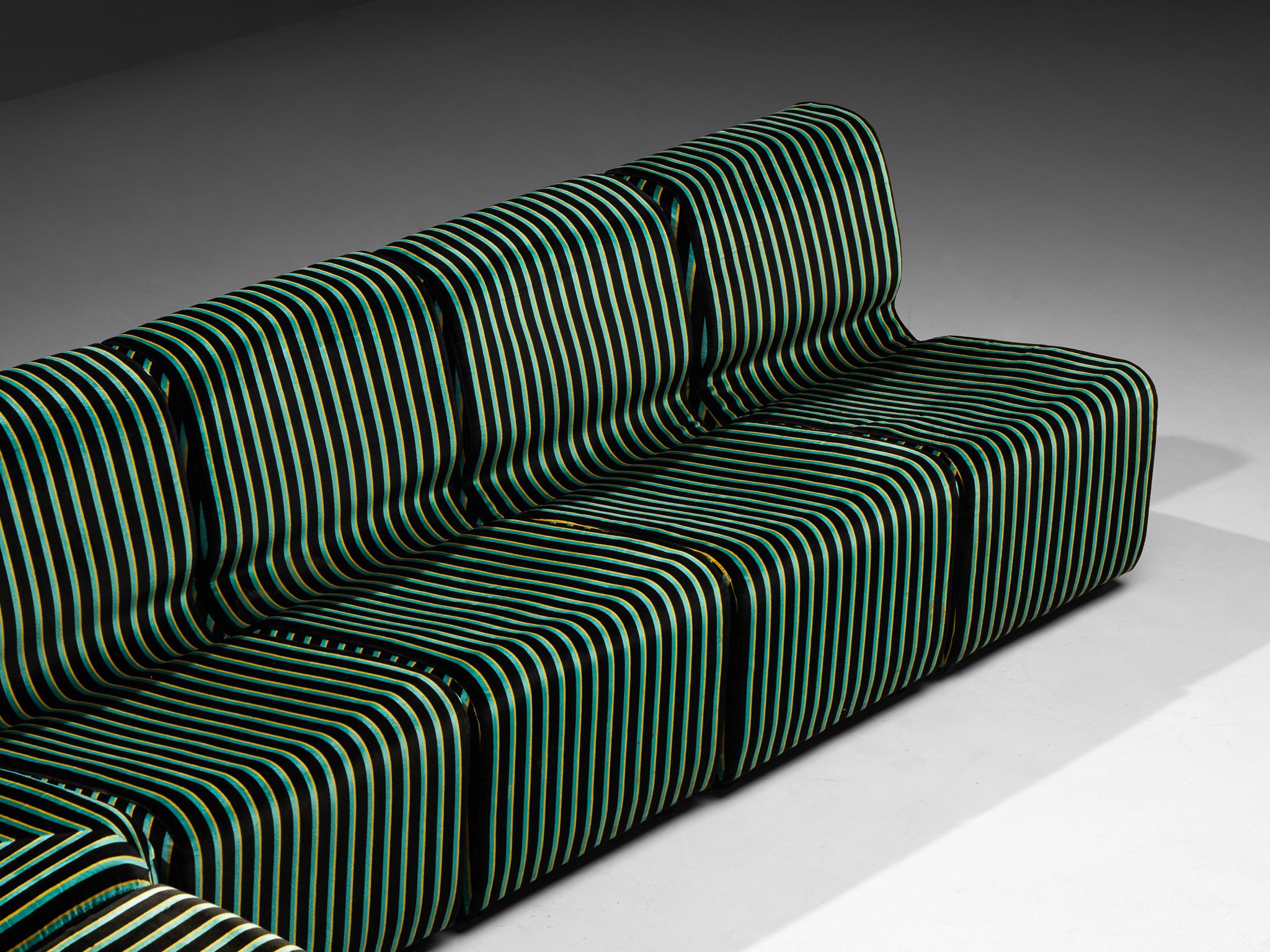 1980s Post-Modern Italian Sectional Sofa Green Yellow Black Striped Velvet 2