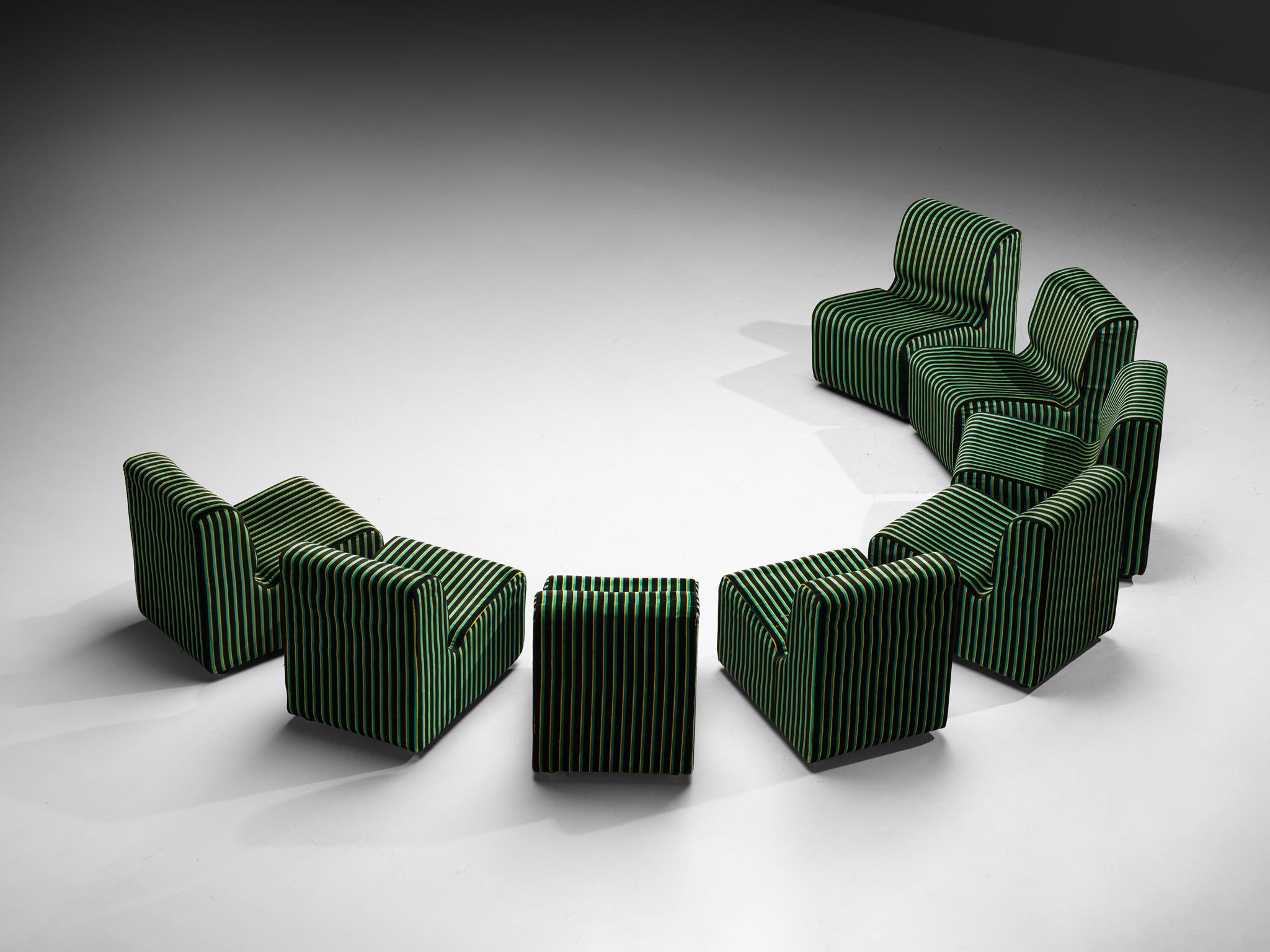 1980s Post-Modern Italian Sectional Sofa Green Yellow Black Striped Velvet For Sale 2
