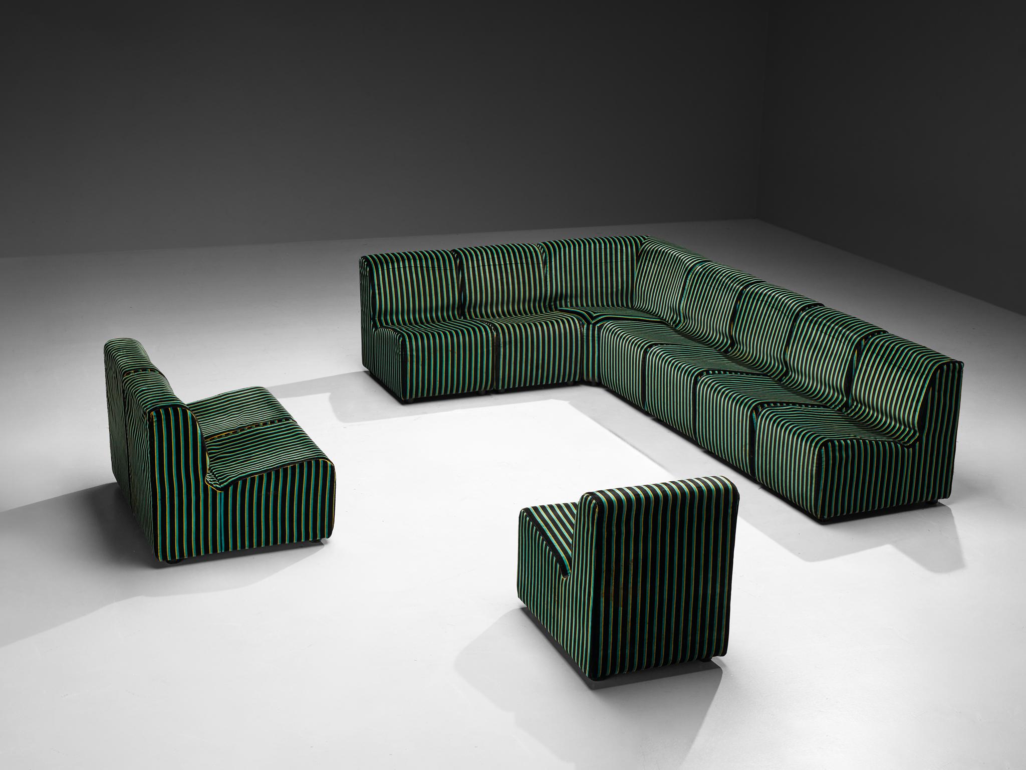 1980s Post-Modern Italian Sectional Sofa Green Yellow Black Striped Velvet 3