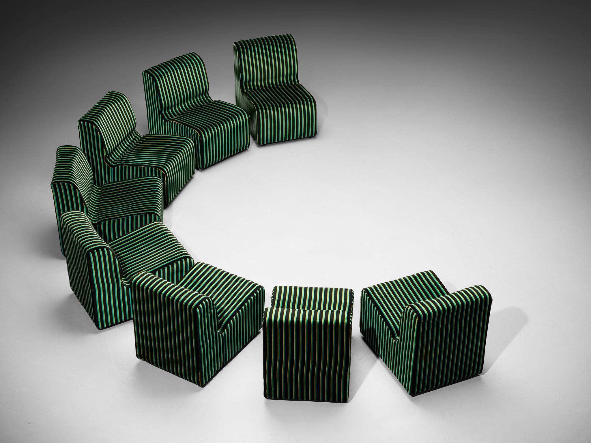 1980s Post-Modern Italian Sectional Sofa Green Yellow Black Striped Velvet For Sale 3