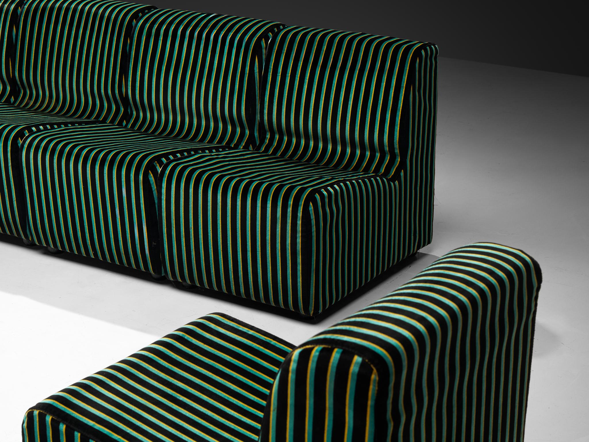1980s Post-Modern Italian Sectional Sofa Green Yellow Black Striped Velvet 4