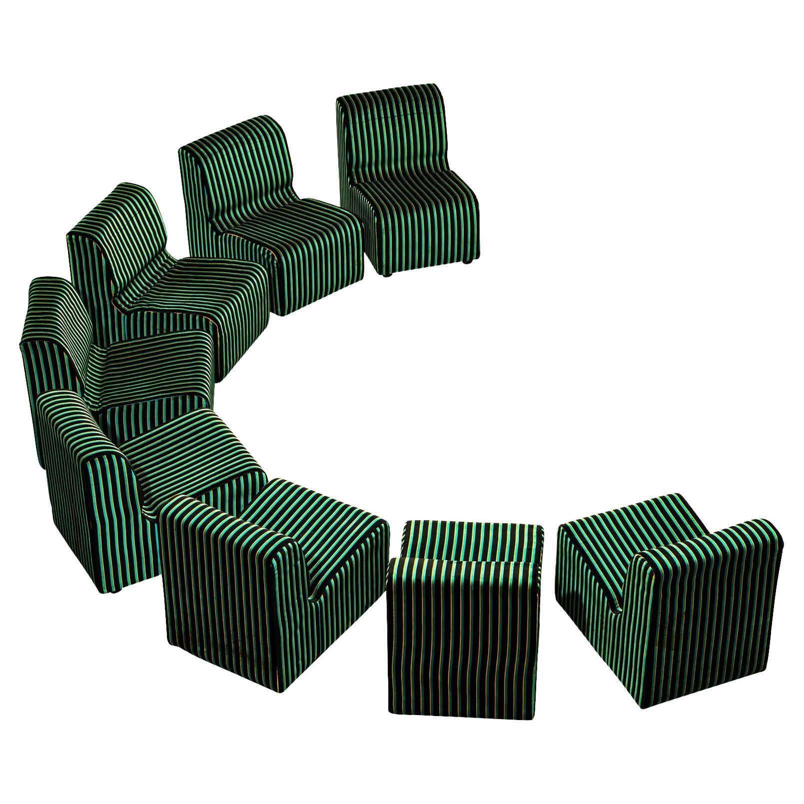 1980s Post-Modern Italian Sectional Sofa Green Yellow Black Striped Velvet For Sale