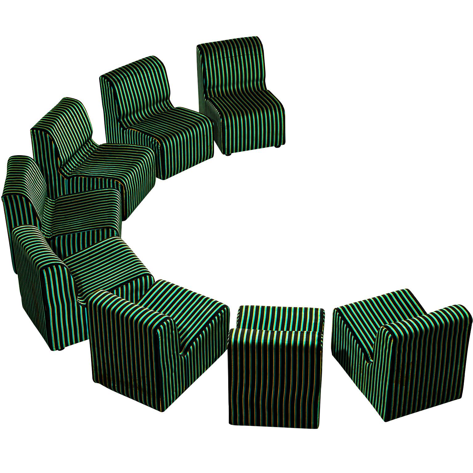 1980s Post-Modern Italian Sectional Sofa Green Yellow Black Striped Velvet For Sale