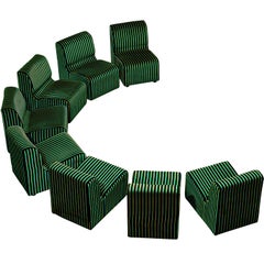 1980s Post-Modern Italian Sectional Sofa Green Yellow Black Striped Velvet