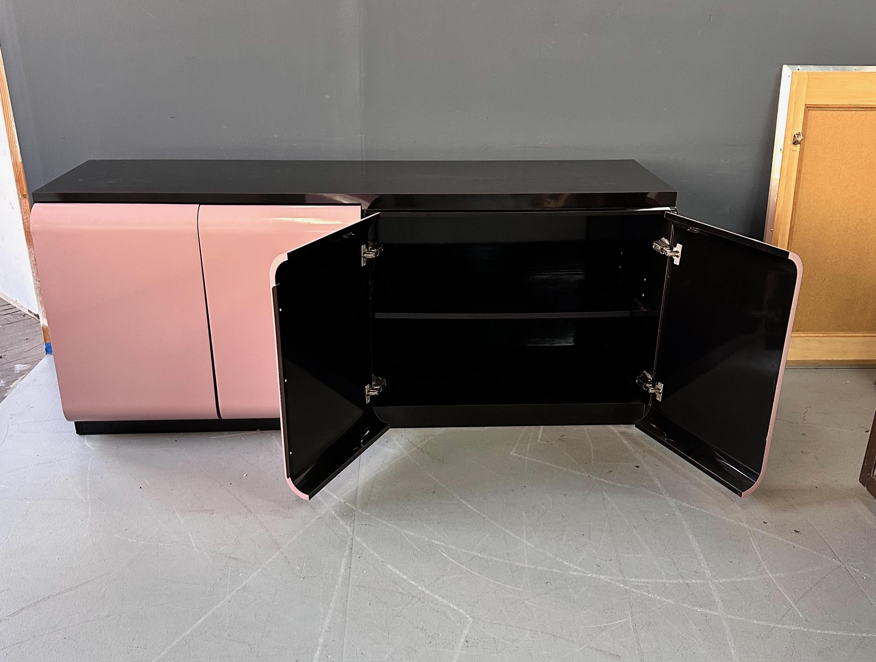 European 1980s Post Modern Laminate Four Door Credenza in Mauve with One Drawer & Shelves For Sale