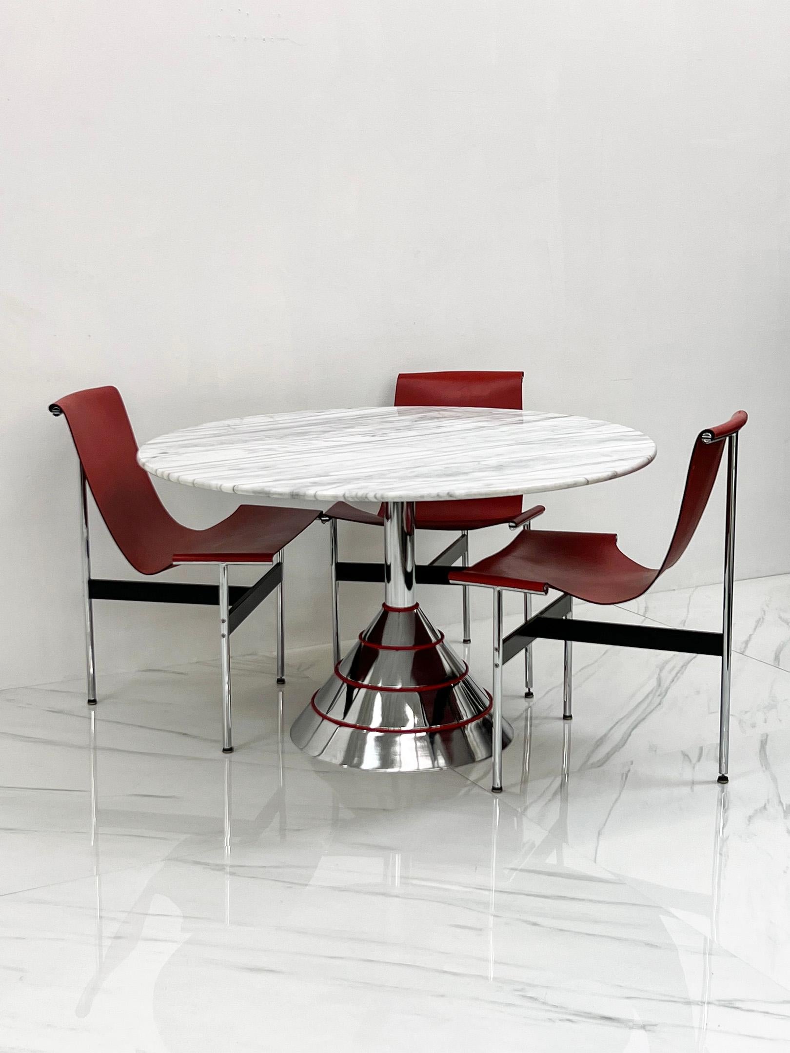 1980s Post Modern Memphis Milano Style Dining Table, Carrara Marble Top In Good Condition For Sale In Culver City, CA