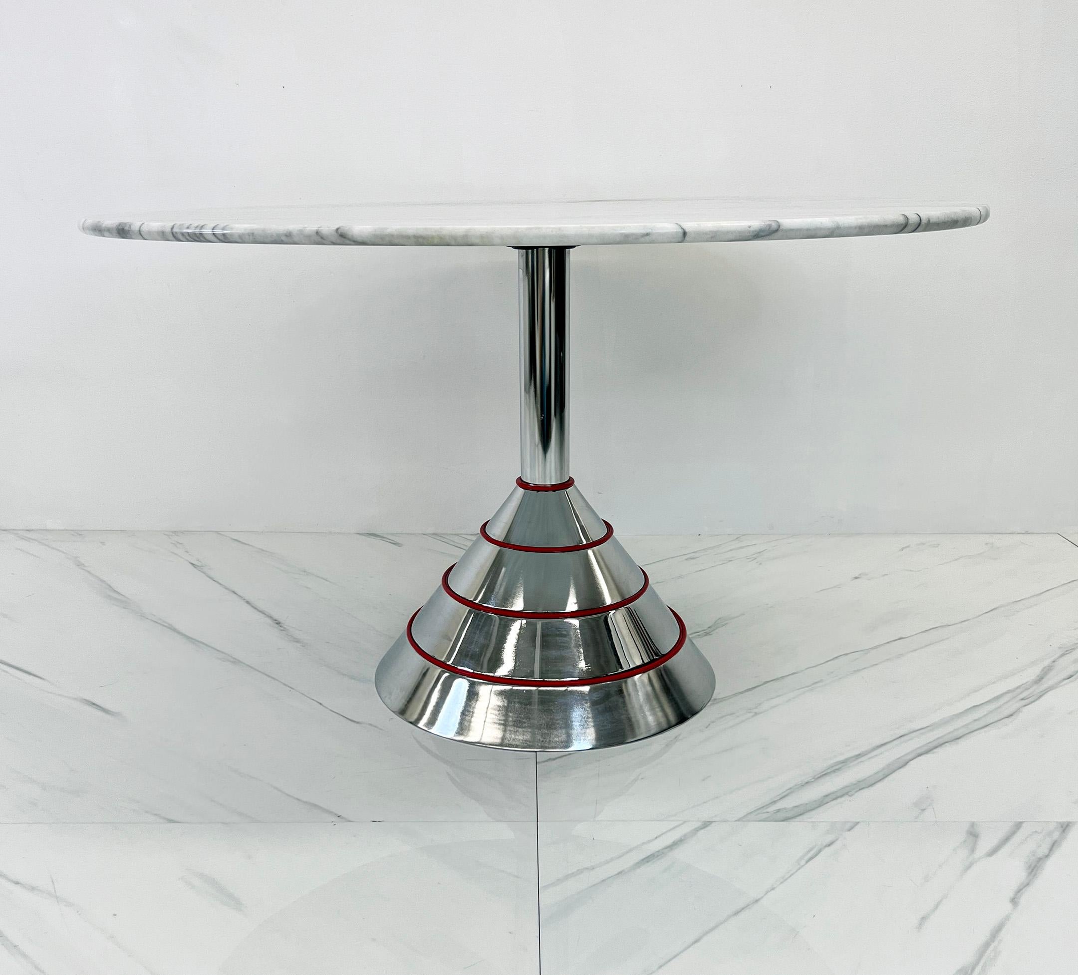 Stainless Steel 1980s Post Modern Memphis Milano Style Dining Table, Carrara Marble Top For Sale