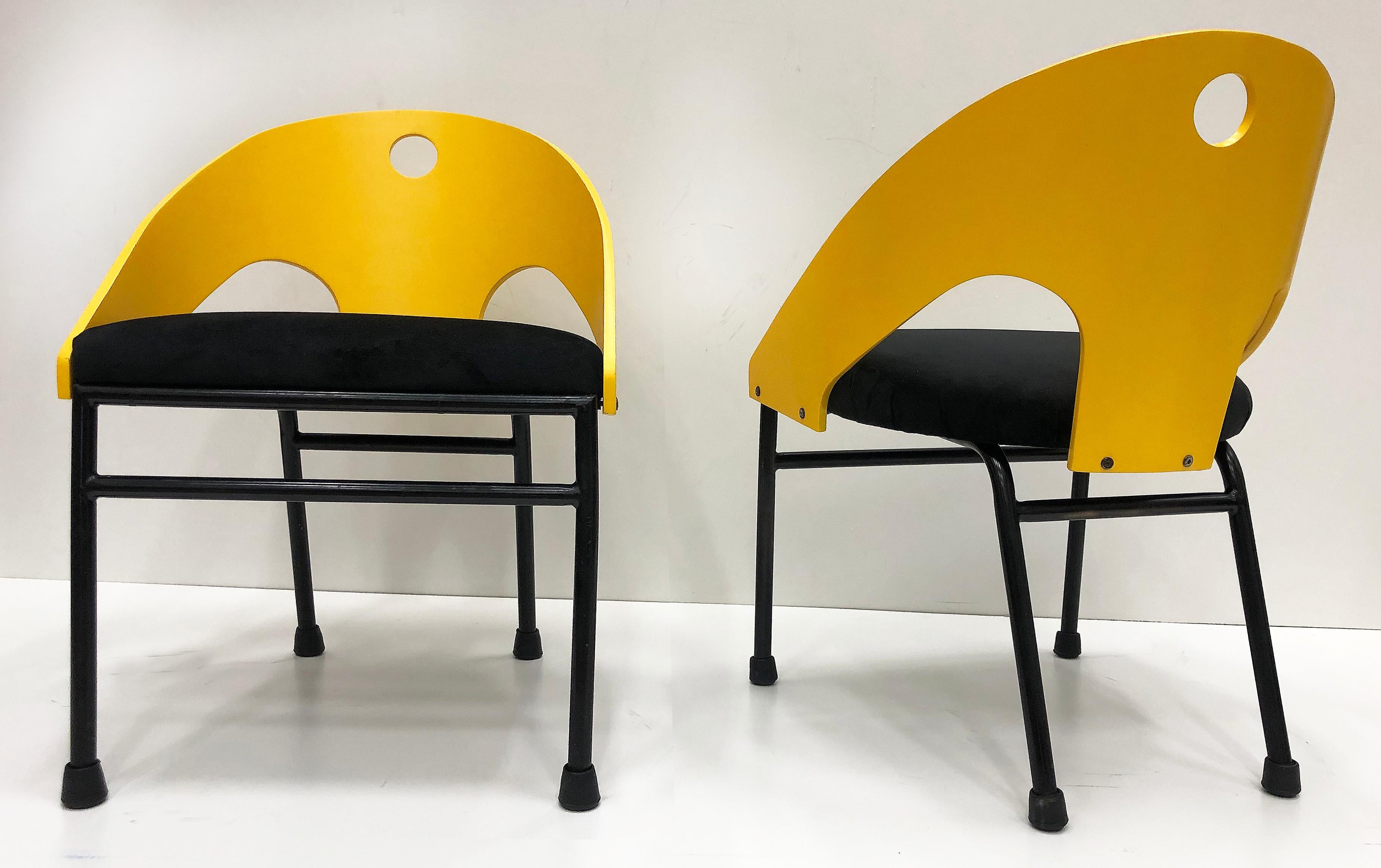 1980s Post-Modern Memphis Style chairs- 3 Pairs available

Offered for sale is a pair of 1980s Post-Modern Memphis Style accent chairs with bent-wood tops and metal bases. The pair has been completely restored and upholstered. We have 3 pairs