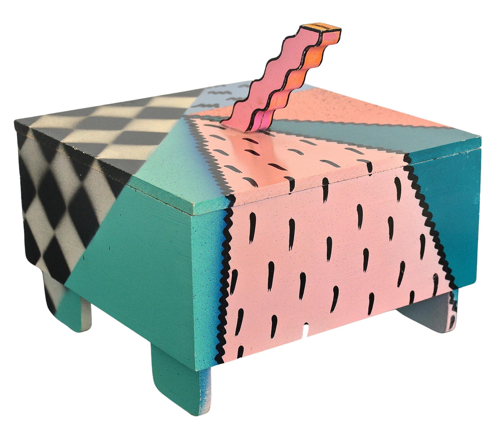 Fabric 1980s Post Modern Memphis Style Lacquered Handmade Box by Hollis Fingold, Signed For Sale